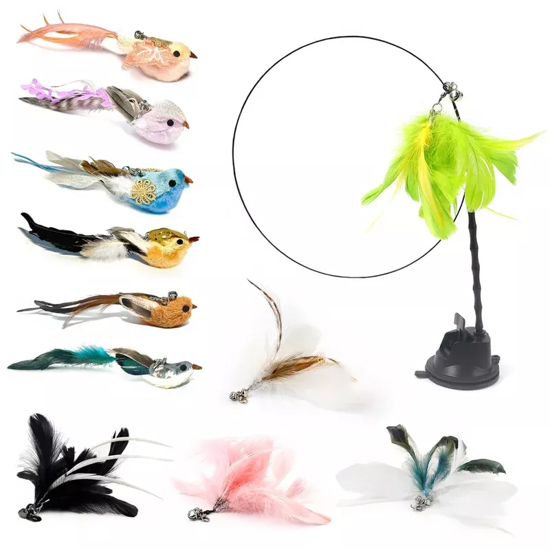 12pcs-interactive-cat-feather-wand-toy-set-11-bird-feather-teaser-refills-with-b 12Pcs Interactive Cat Feather Wand Toy Set – 11 Bird & Feather Teaser Refills With Bells + Flexible Suction Cup Wand – Realistic