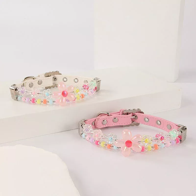 beaded-flower-dog-collar-leash-set-pastel-charm-design Beaded Flower Dog Collar and Leash Set Pastel Charm Design