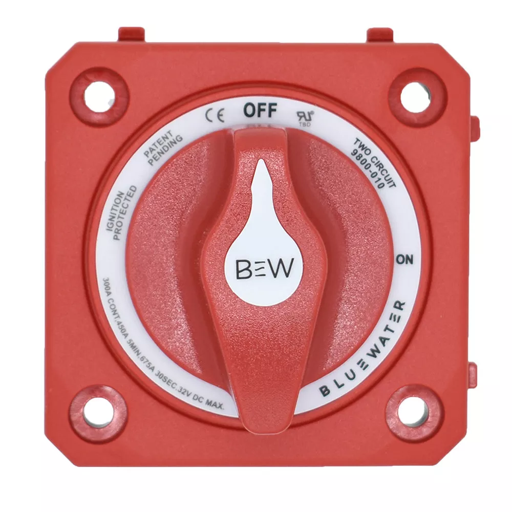 Bluewater On/Off 4 Post Dual Circuit Battery Switch w/o Base – Panel Mount – Red [9800-010-10]
