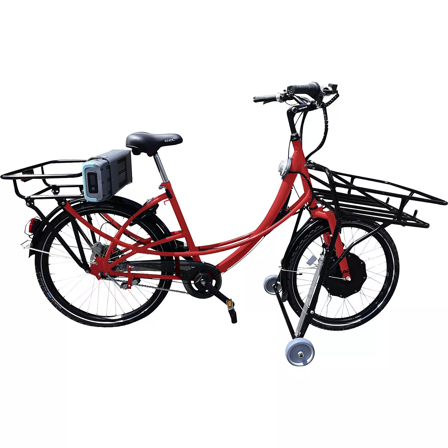 cargo-bike-e01-with-disc-brakes-front-rear-red-7-speed-gears Cargo bike E01, with disc brakes front and rear, red, 7-speed gears.