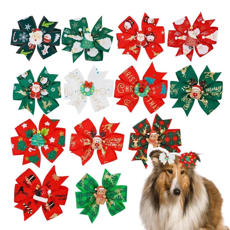 Christmas Pet Hair Bows Festive Assorted Clips for Dogs & Cats