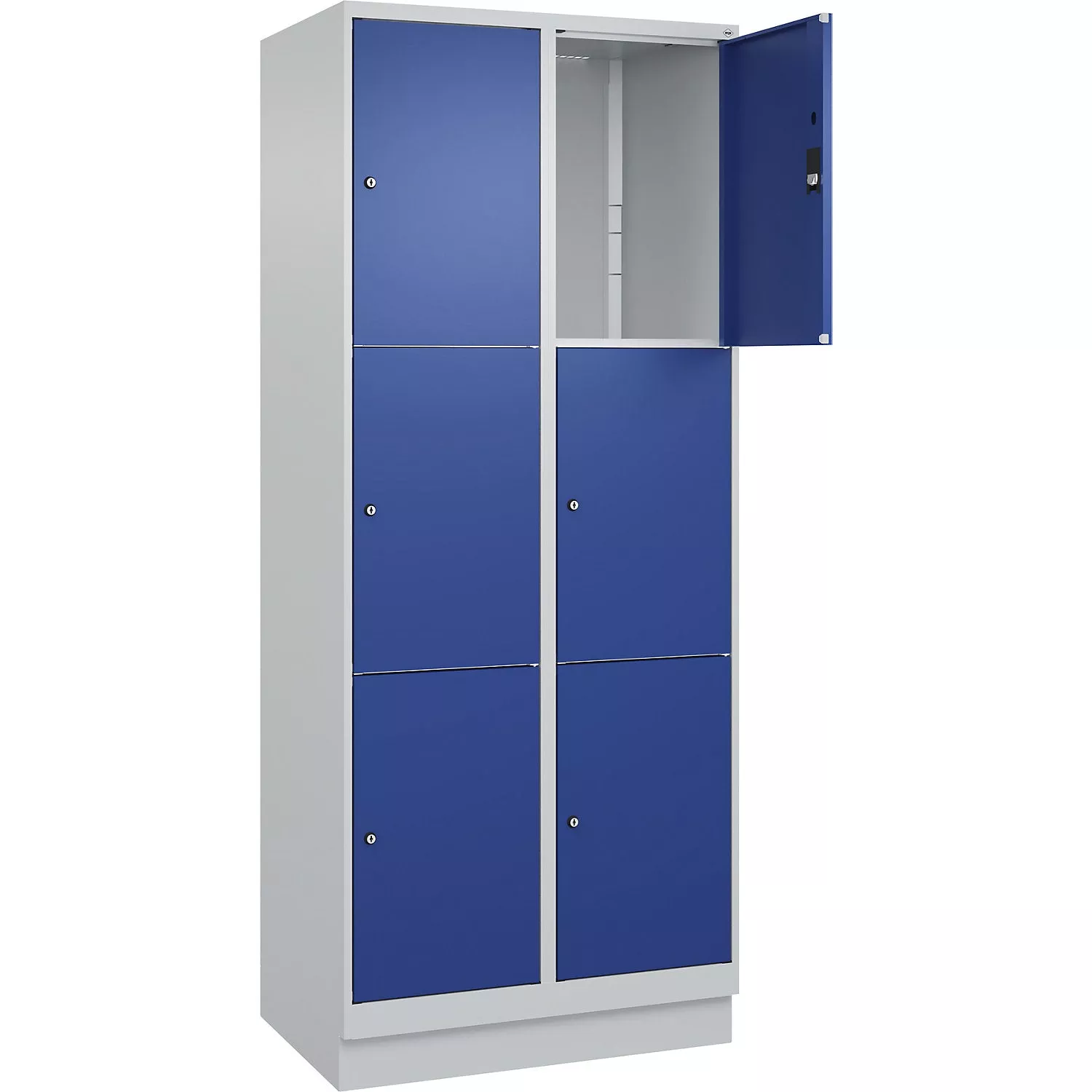classic-plus-3-fold-compartment-locker-2-compartments-light-grey-gentian-blue-w- Classic PLUS 3-fold compartment locker, 2 compartments, light grey/gentian blue, W 600 mm, 6 compartments, with floor glides.