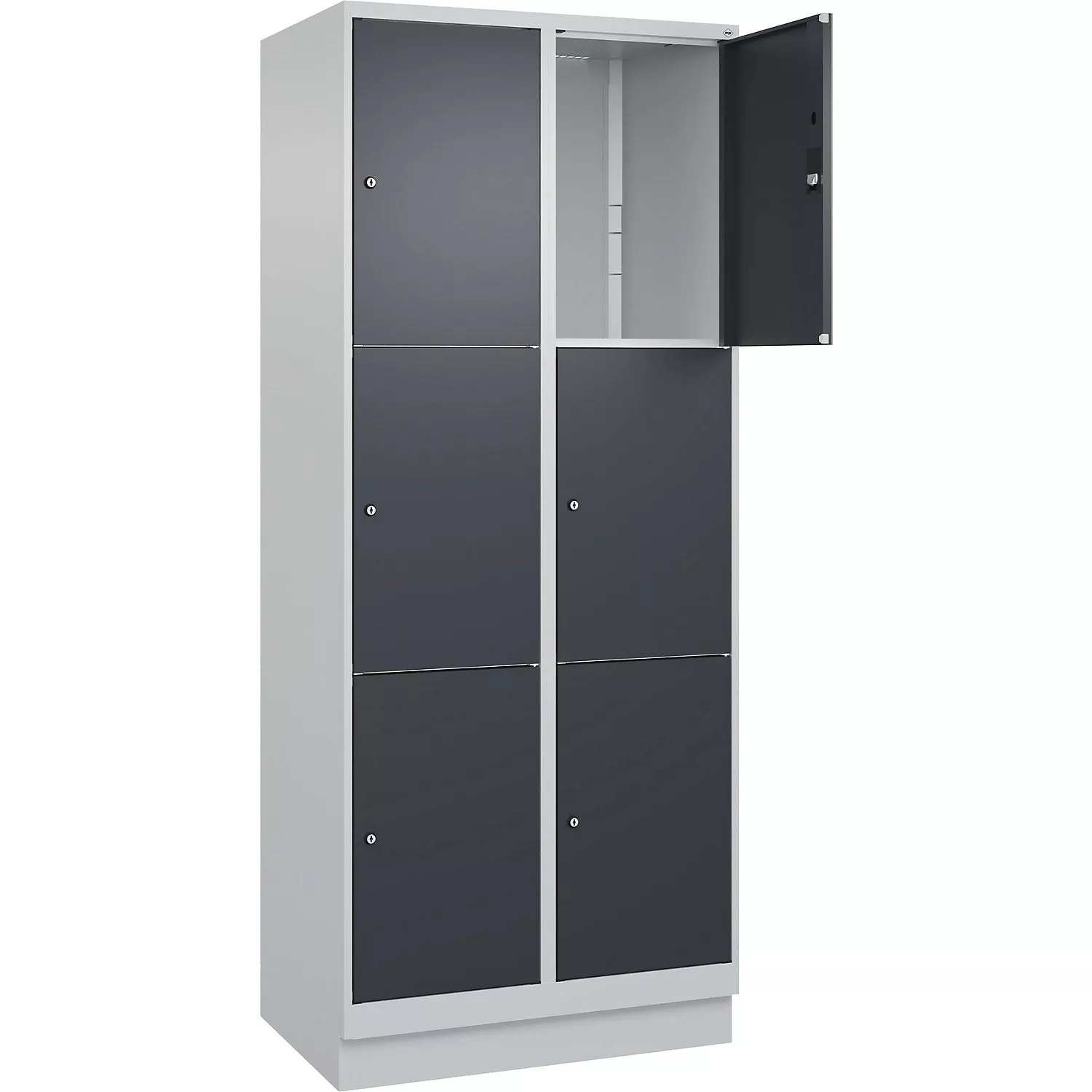 classic-plus-3-fold-compartment-locker-2-compartments-light-grey-grey-w-800-mm-6 Classic PLUS 3-fold compartment locker, 2 compartments, light grey/grey, W 800 mm, 6 compartments, with floor glides.