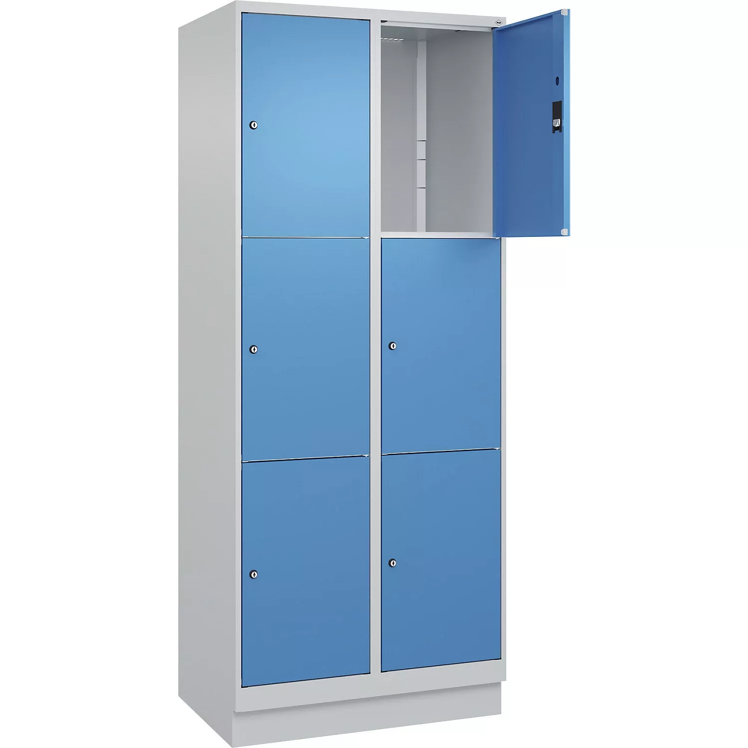 Classic PLUS 3-fold compartment locker, 2 compartments, light grey/light blue, W 800 mm, 6 compartments, with floor glides.