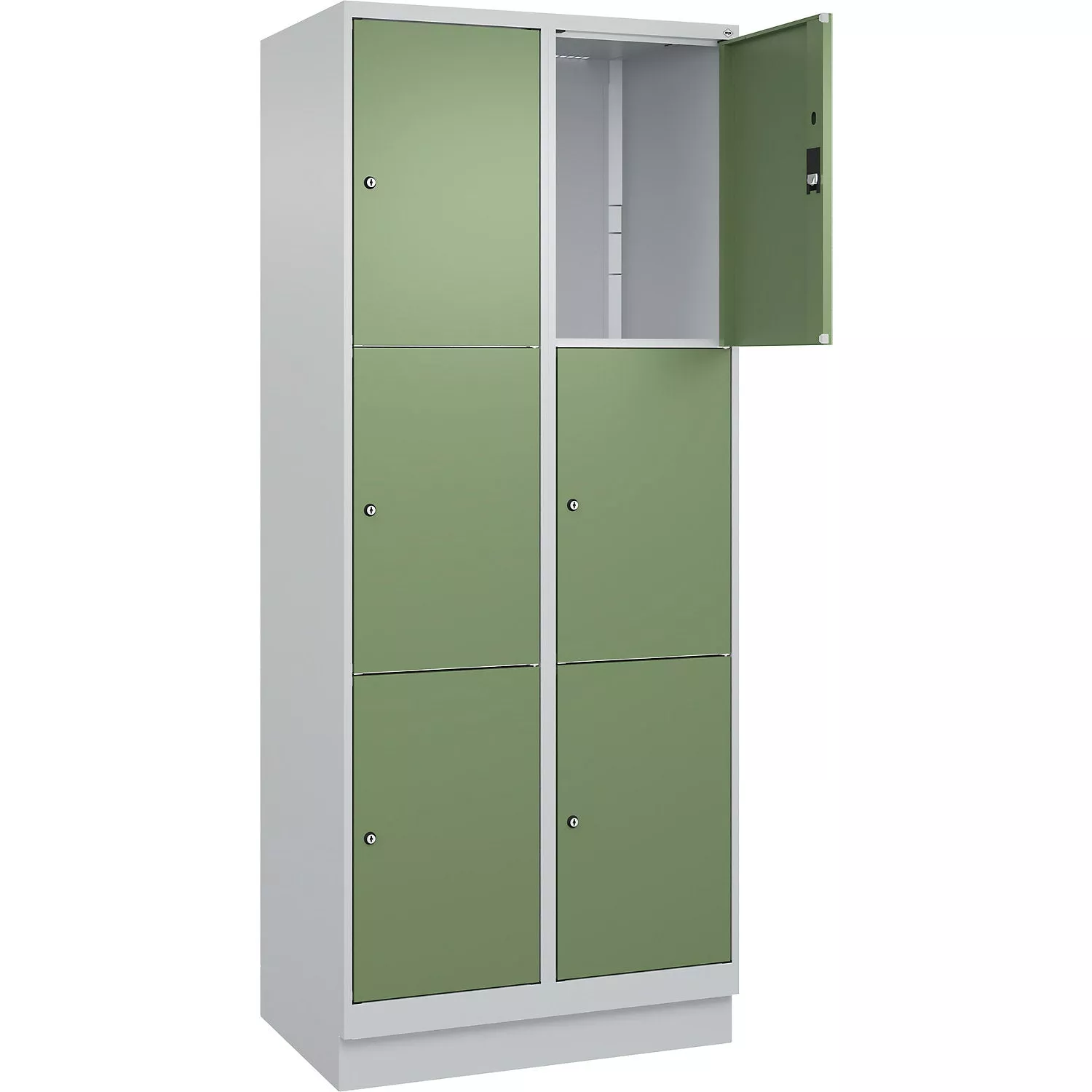 classic-plus-3-fold-compartment-locker-2-compartments-light-grey-reseda-green-w- Classic PLUS 3-fold compartment locker, 2 compartments, light grey/reseda green, W 600 mm, 6 compartments, with floor glides.