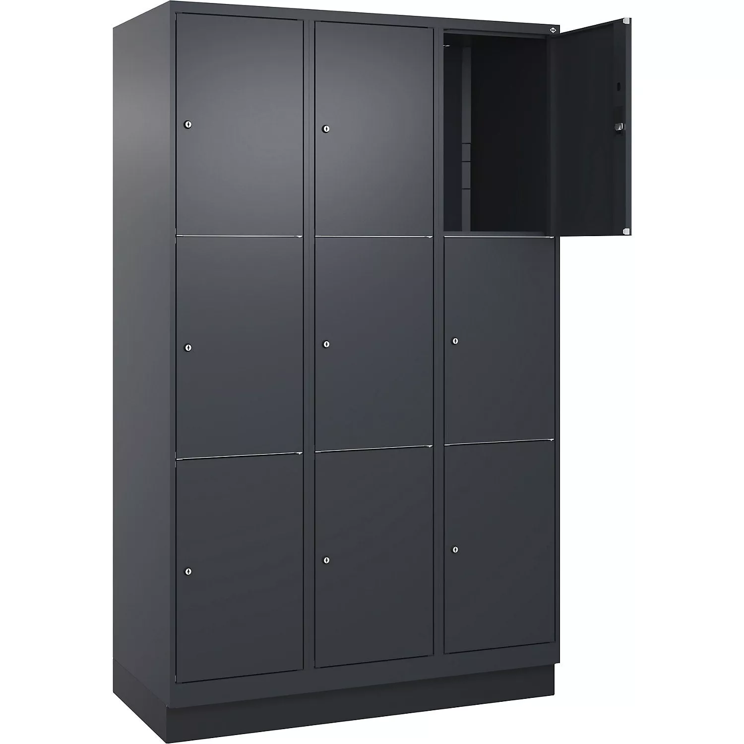 classic-plus-3-fold-compartment-locker-3-compartments-grey-w-1200-mm-9-compartme Classic PLUS 3-fold compartment locker, 3 compartments, grey, W 1200 mm, 9 compartments, with floor glides.