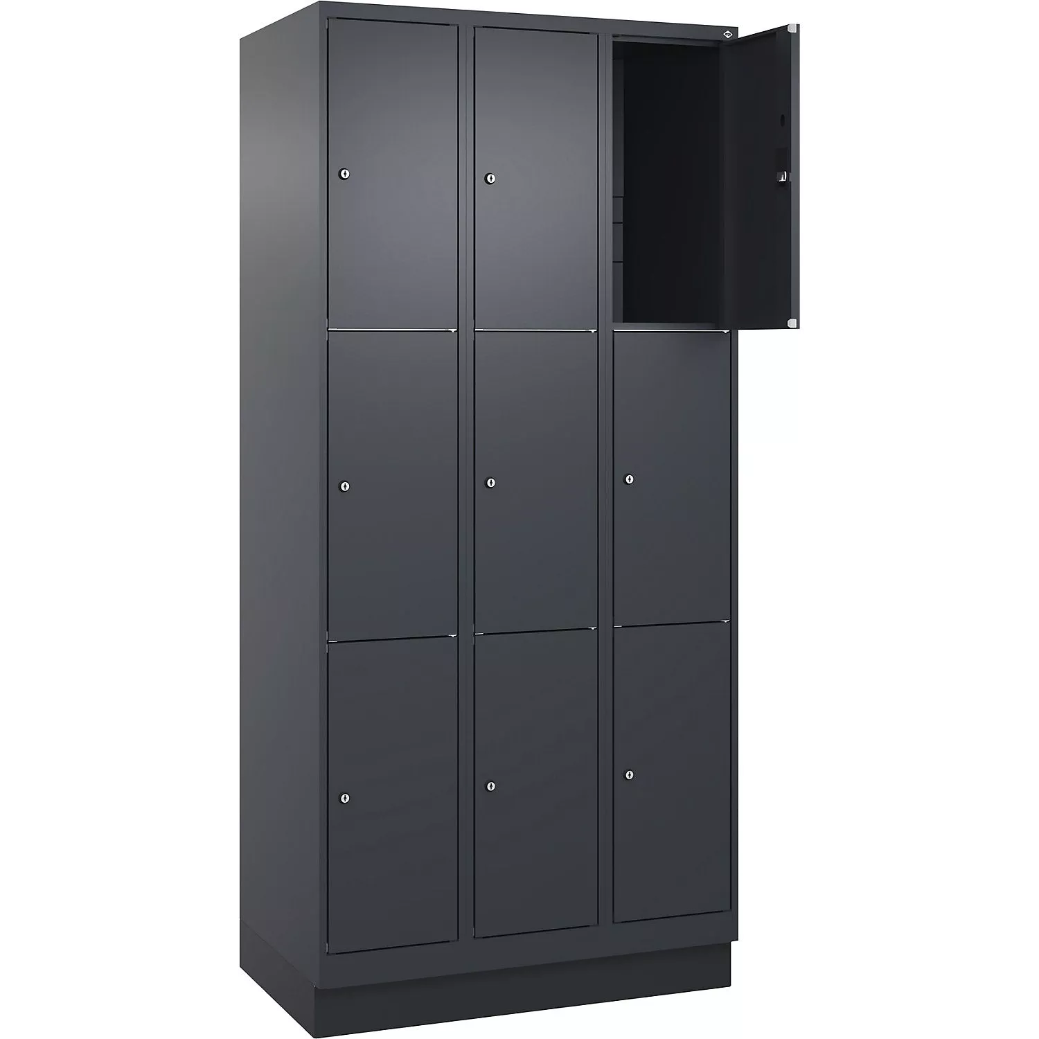 classic-plus-3-fold-compartment-locker-3-compartments-grey-w-900-mm-9-compartmen Classic PLUS 3-fold compartment locker, 3 compartments, grey, W 900 mm, 9 compartments, with floor glides.