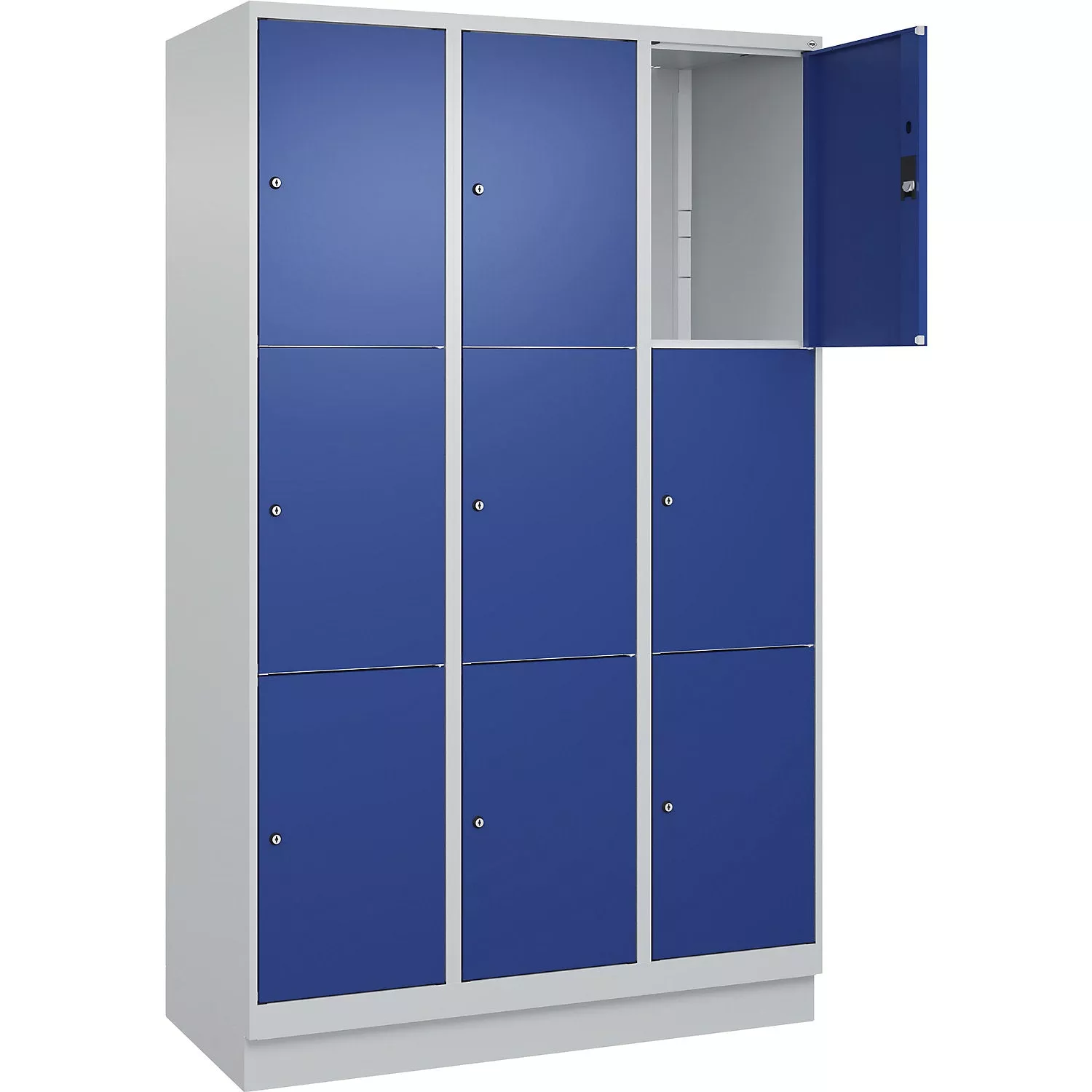 Classic PLUS 3-fold compartment locker, 3 compartments, light grey/gentian blue, W 900 mm, 9 compartments, with floor glides.