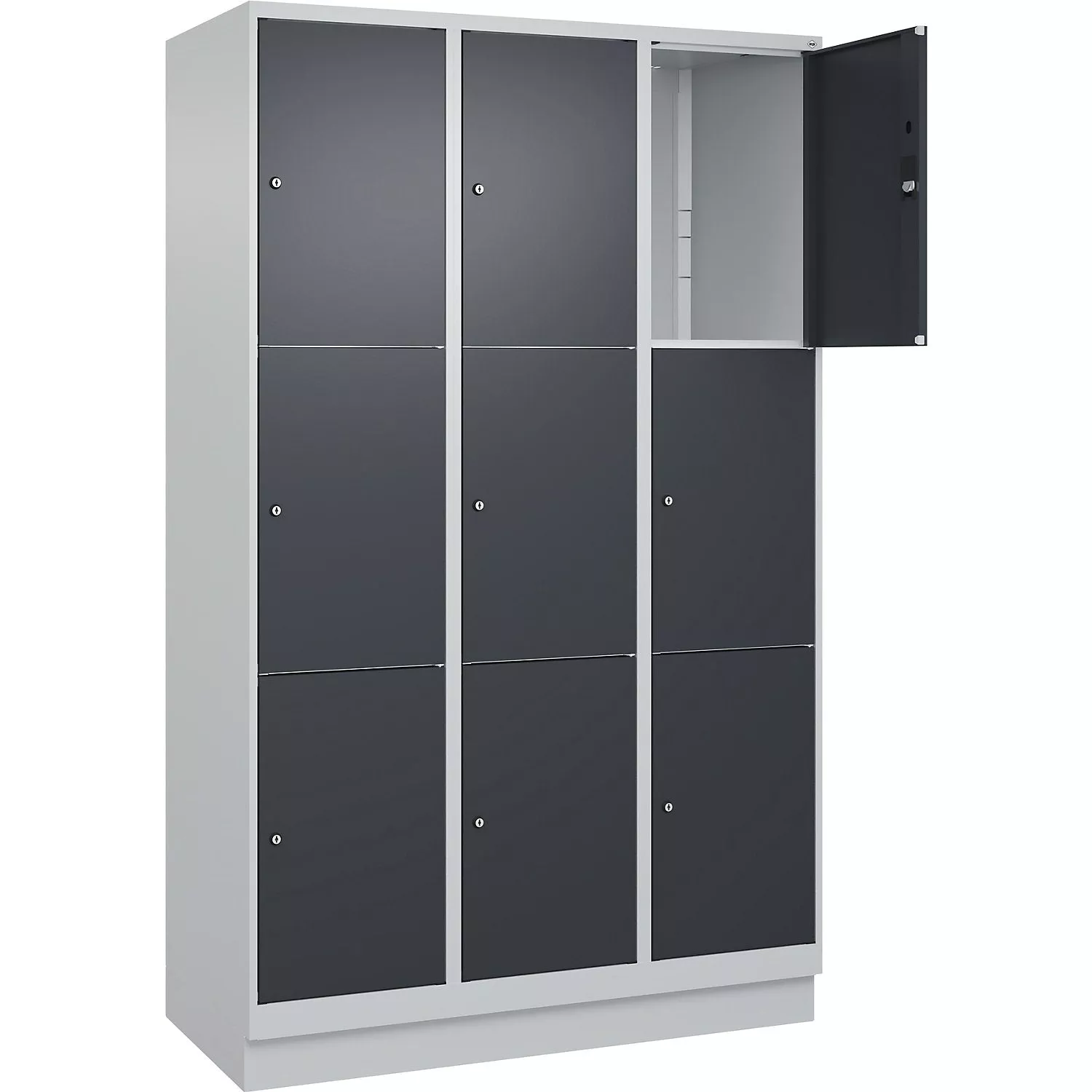 classic-plus-3-fold-compartment-locker-3-compartments-light-grey-grey-w-1200-mm- Classic PLUS 3-fold compartment locker, 3 compartments, light grey/grey, W 1200 mm, 9 compartments, with floor glides.
