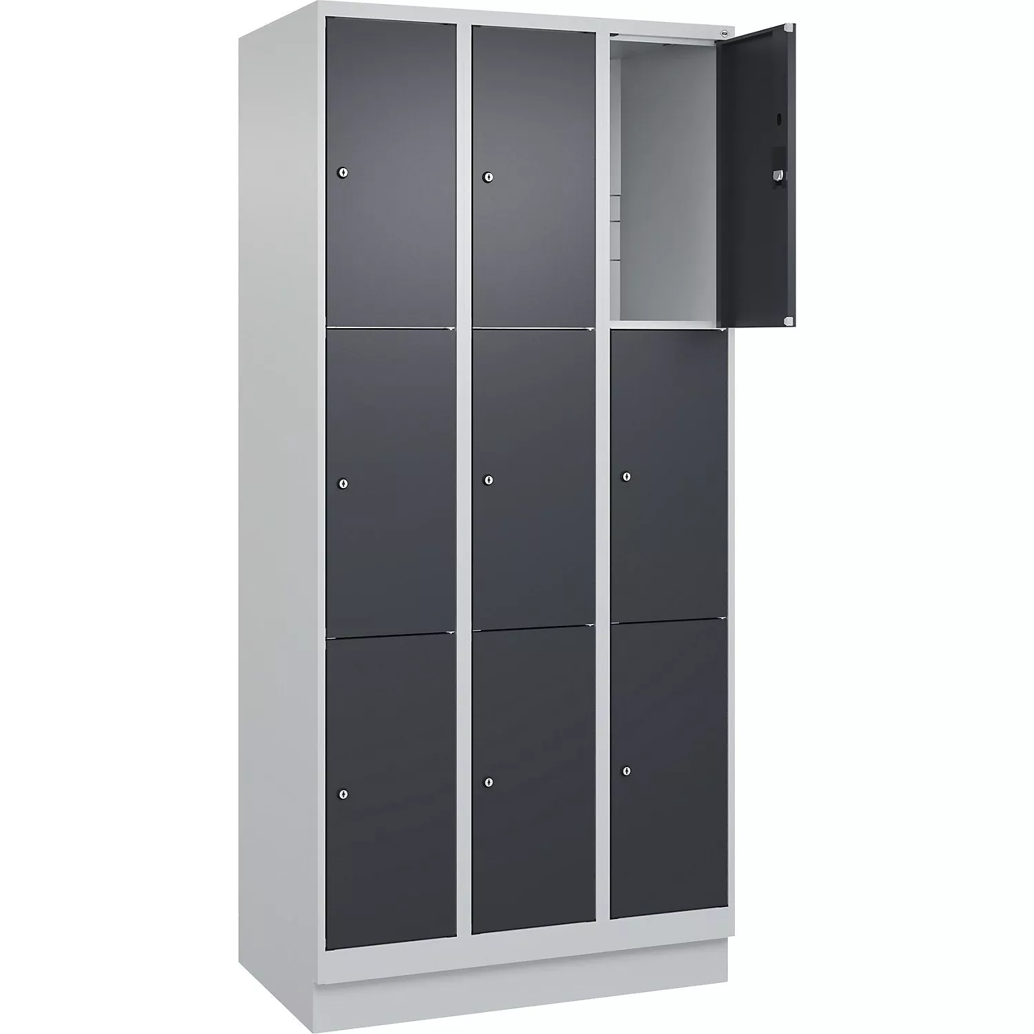 classic-plus-3-fold-compartment-locker-3-compartments-light-grey-grey-w-900-mm-9 Classic PLUS 3-fold compartment locker, 3 compartments, light grey/grey, W 900 mm, 9 compartments, with floor glides.
