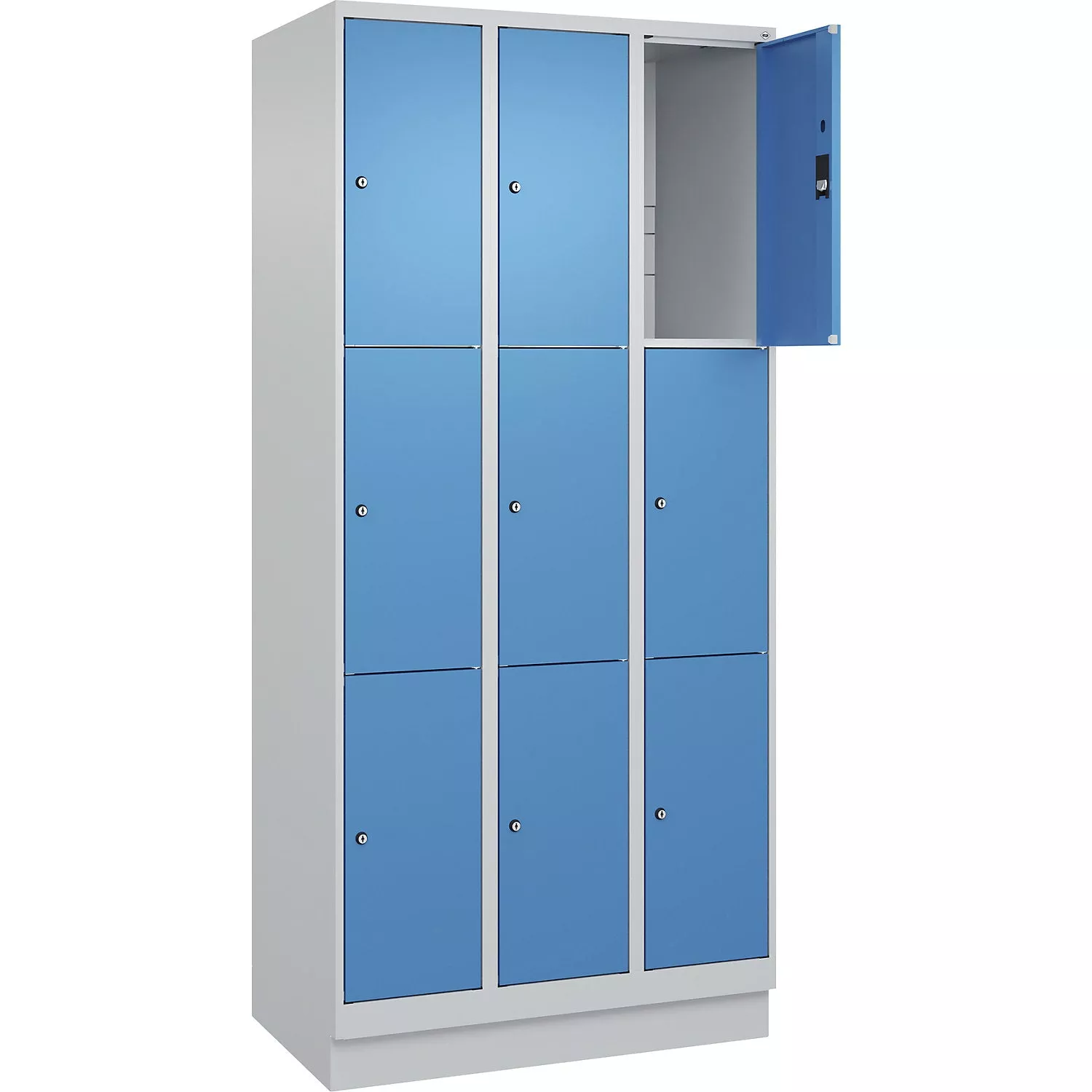 classic-plus-3-fold-compartment-locker-3-compartments-light-grey-light-blue-w-90 Classic PLUS 3-fold compartment locker, 3 compartments, light grey/light blue, W 900 mm, 9 compartments, with floor glides.