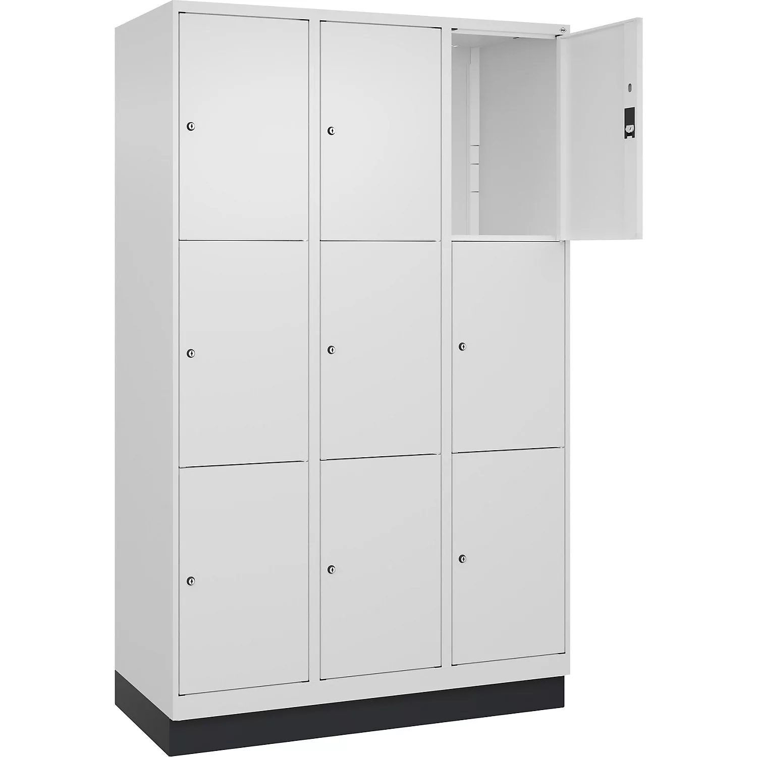 Classic PLUS 3-fold compartment locker, 3 compartments, traffic white, W 1200 mm, 9 compartments, with floor glides.