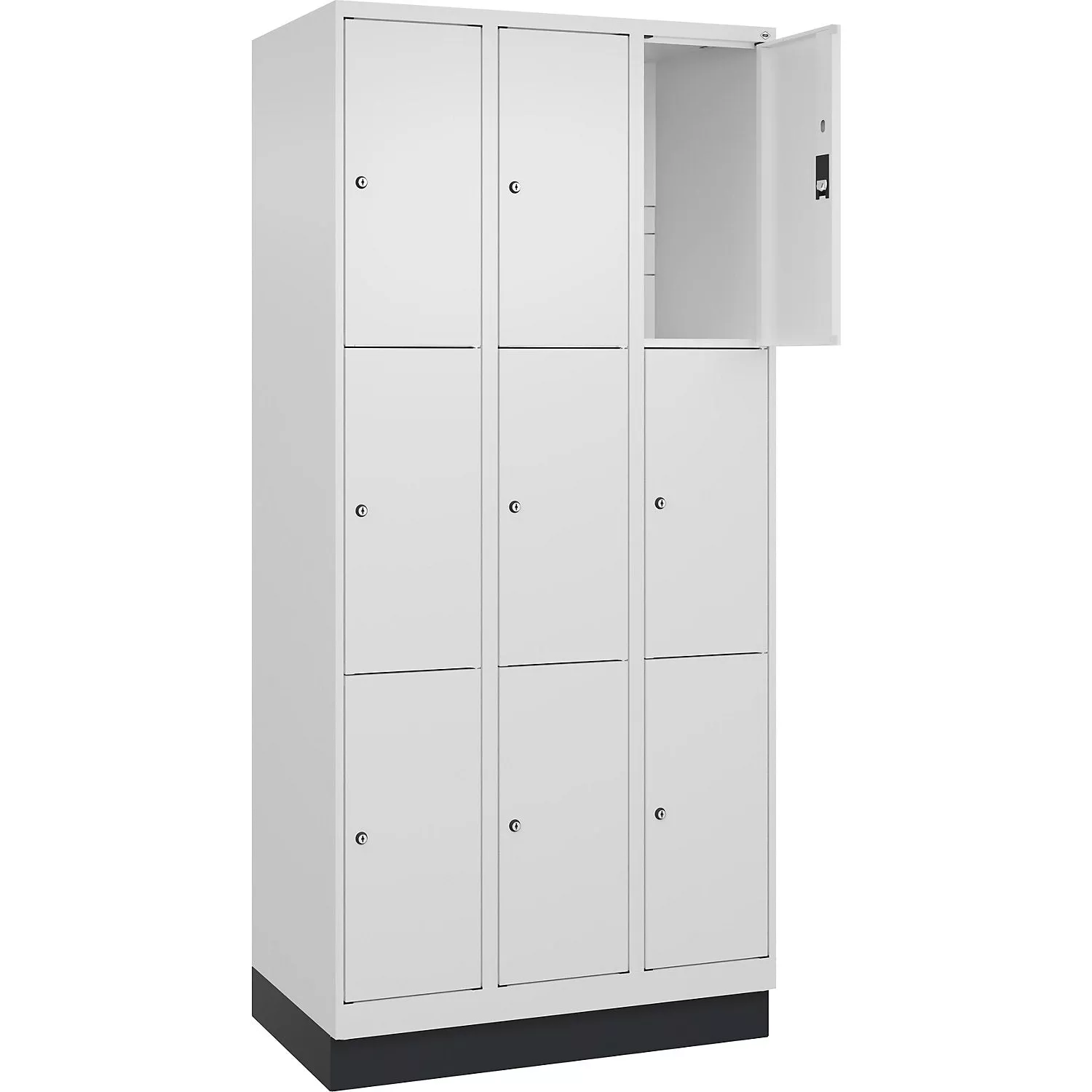 classic-plus-3-fold-compartment-locker-3-compartments-traffic-white-w-900-mm-9-c Classic PLUS 3-fold compartment locker, 3 compartments, traffic white, W 900 mm, 9 compartments, with floor glides.