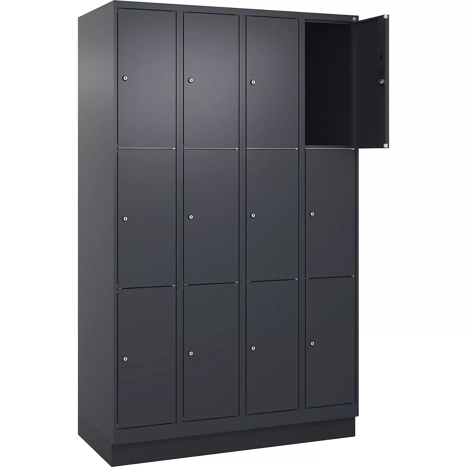classic-plus-3-fold-compartment-locker-4-compartments-grey-w-1200-mm-12-compartm Classic PLUS 3-fold compartment locker, 4 compartments, grey, W 1200 mm, 12 compartments, with floor glides.