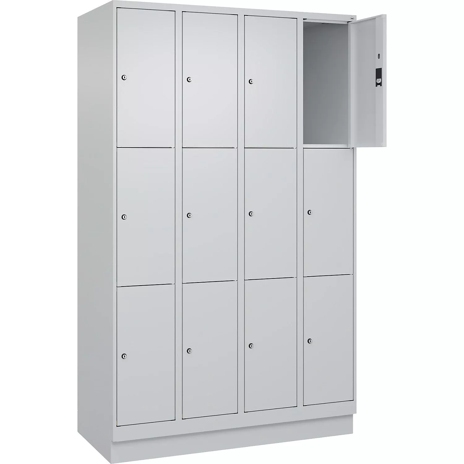 classic-plus-3-fold-compartment-locker-4-compartments-light-grey-w-1200-mm-12-co Classic PLUS 3-fold compartment locker, 4 compartments, light grey, W 1200 mm, 12 compartments, with floor glides.