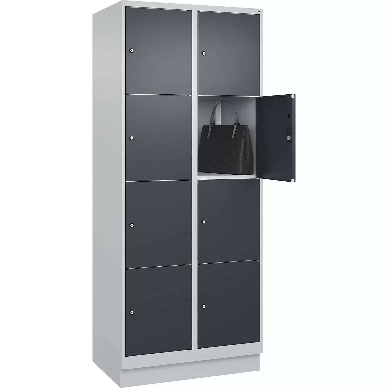 classic-plus-4-fold-compartment-locker-2-compartments-light-grey-grey-w-800-mm-8 Classic PLUS 4-fold compartment locker, 2 compartments, light grey/grey, W 800 mm, 8 compartments, with floor glides.