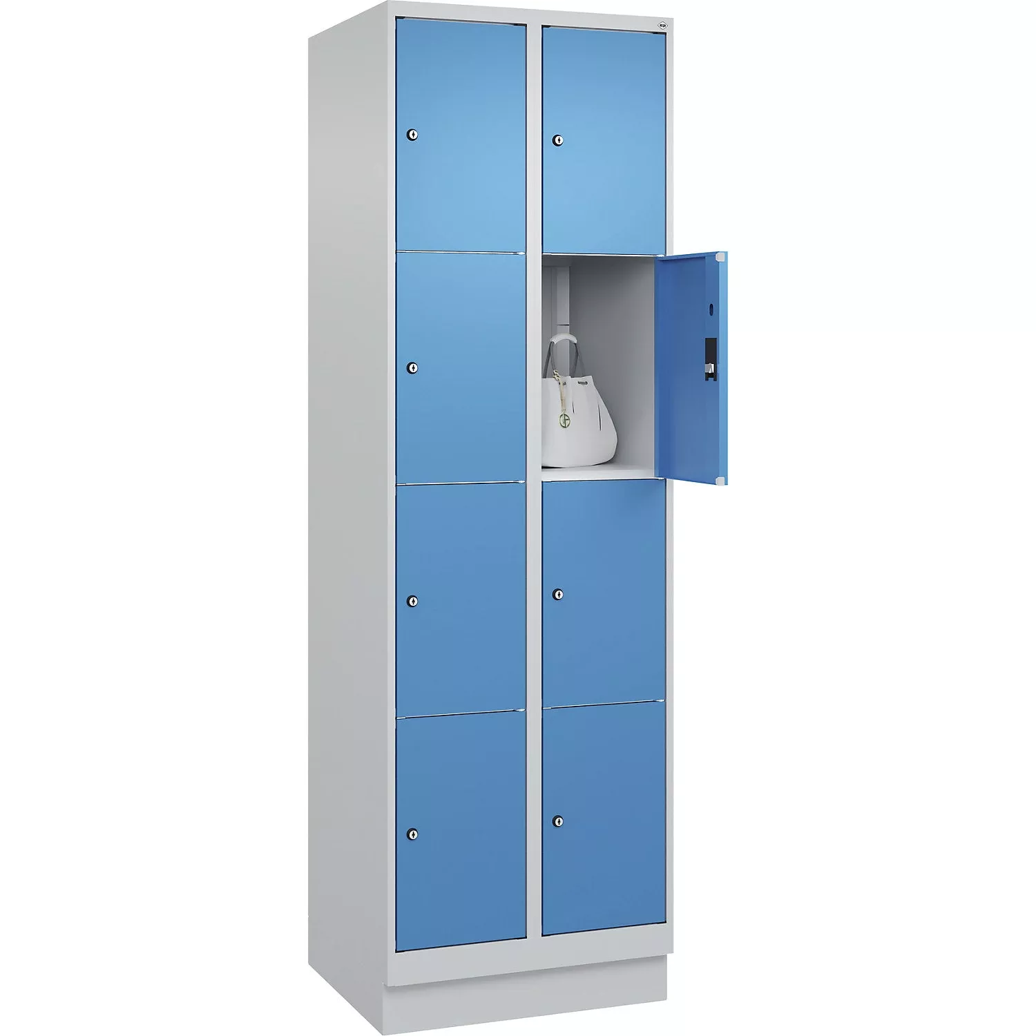 Classic PLUS 4-fold compartment locker, 2 compartments, light grey/light blue, W 600 mm, 8 compartments, with floor glides.