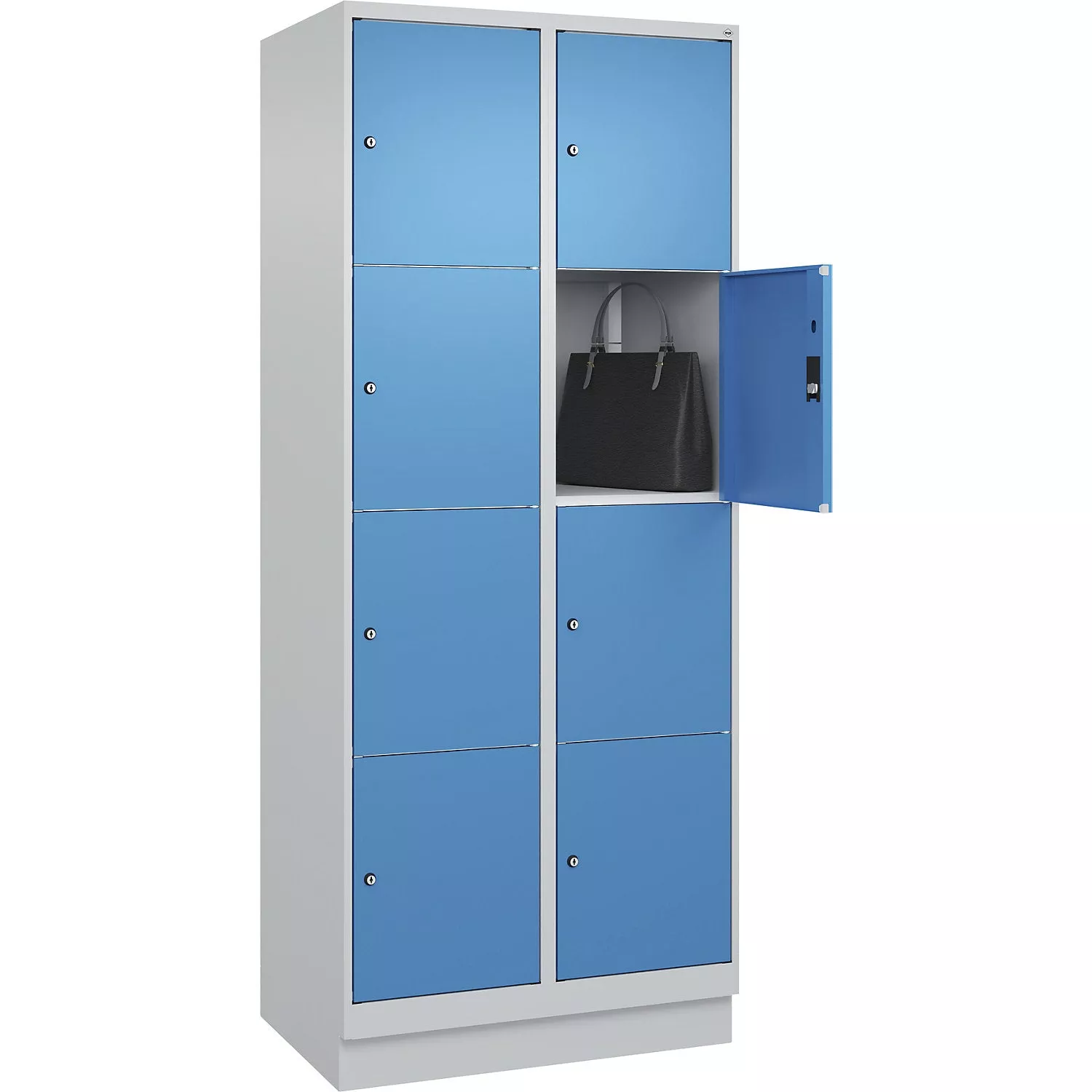 classic-plus-4-fold-compartment-locker-2-compartments-light-grey-light-blue-w-80 Classic PLUS 4-fold compartment locker, 2 compartments, light grey/light blue, W 800 mm, 8 compartments, with floor glides.