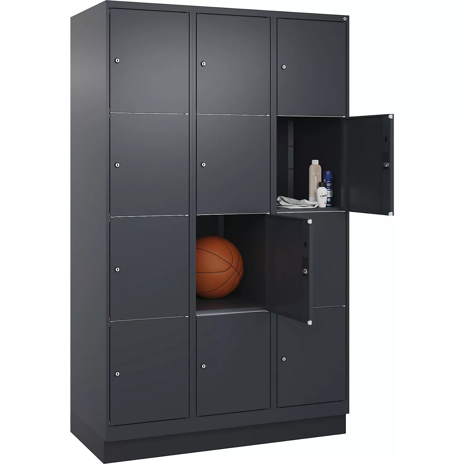 classic-plus-4-fold-compartment-locker-3-compartments-grey-w-1200-mm-12-compartm Classic PLUS 4-fold compartment locker, 3 compartments, grey, W 1200 mm, 12 compartments, with floor glides.