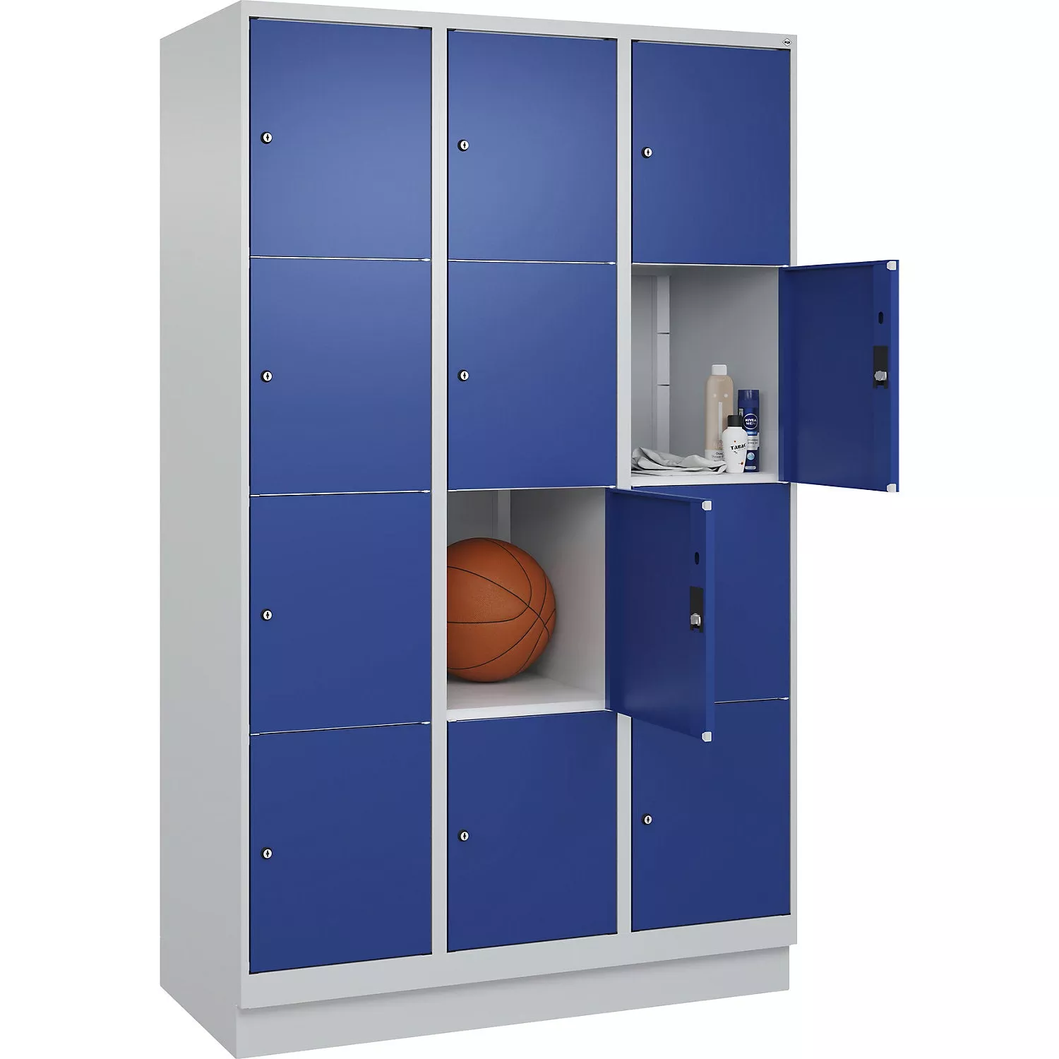 classic-plus-4-fold-compartment-locker-3-compartments-light-grey-gentian-blue-w- Classic PLUS 4-fold compartment locker, 3 compartments, light grey/gentian blue, W 900 mm, 12 compartments, with floor glides.