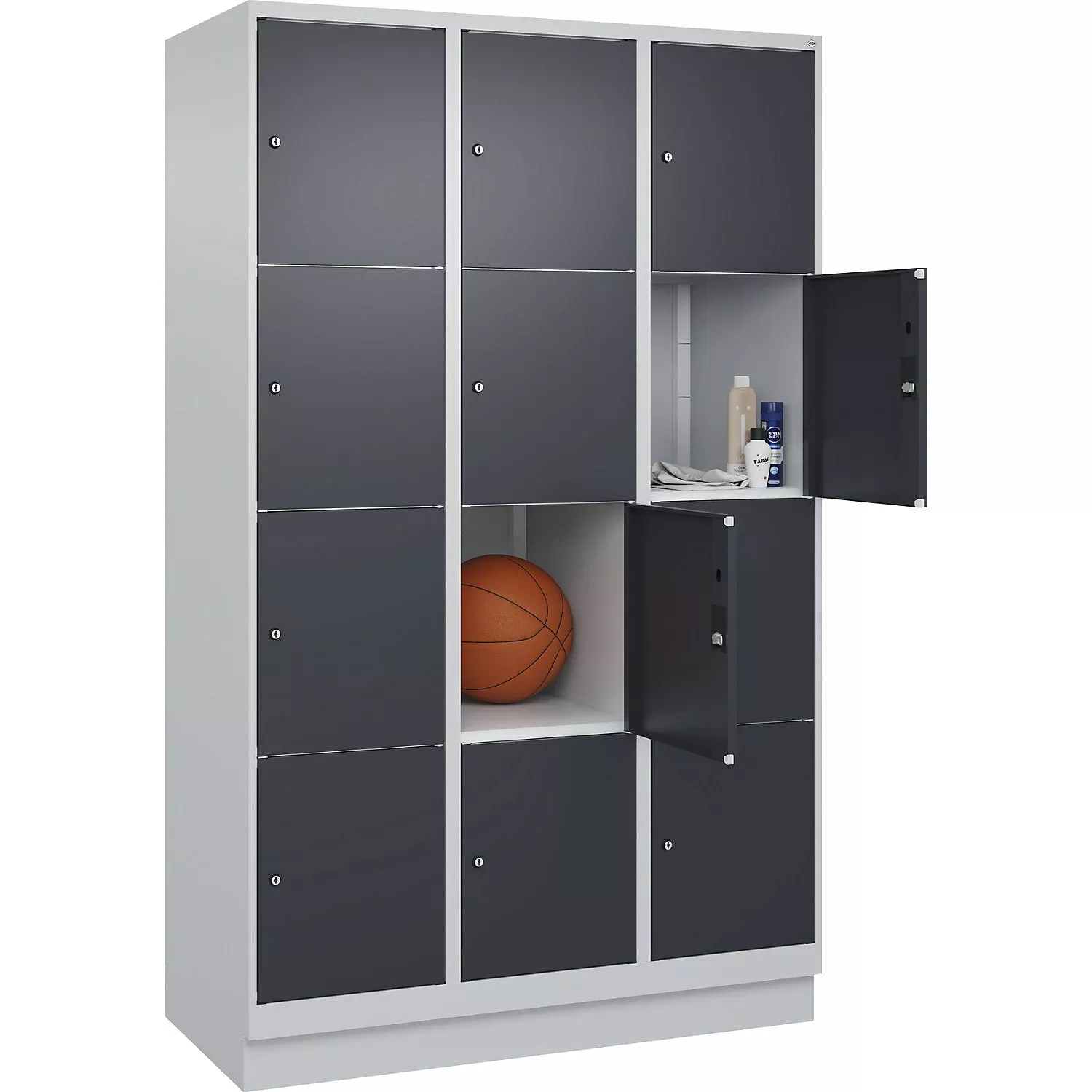 classic-plus-4-fold-compartment-locker-3-compartments-light-grey-grey-w-1200-mm- Classic PLUS 4-fold compartment locker, 3 compartments, light grey/grey, W 1200 mm, 12 compartments, with floor glides.
