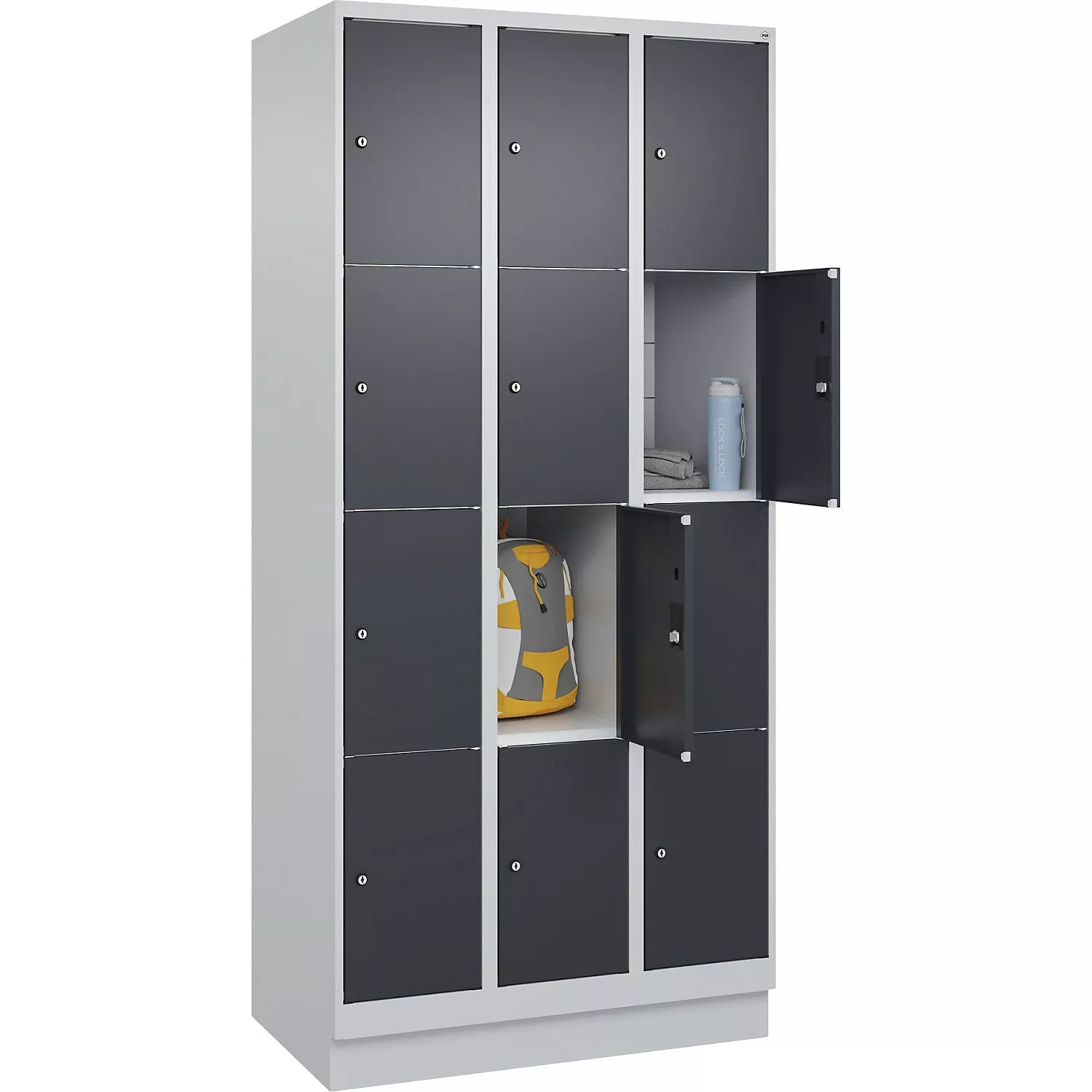 Classic PLUS 4-fold compartment locker, 3 compartments, light grey/grey, W 900 mm, 12 compartments, with floor glides.