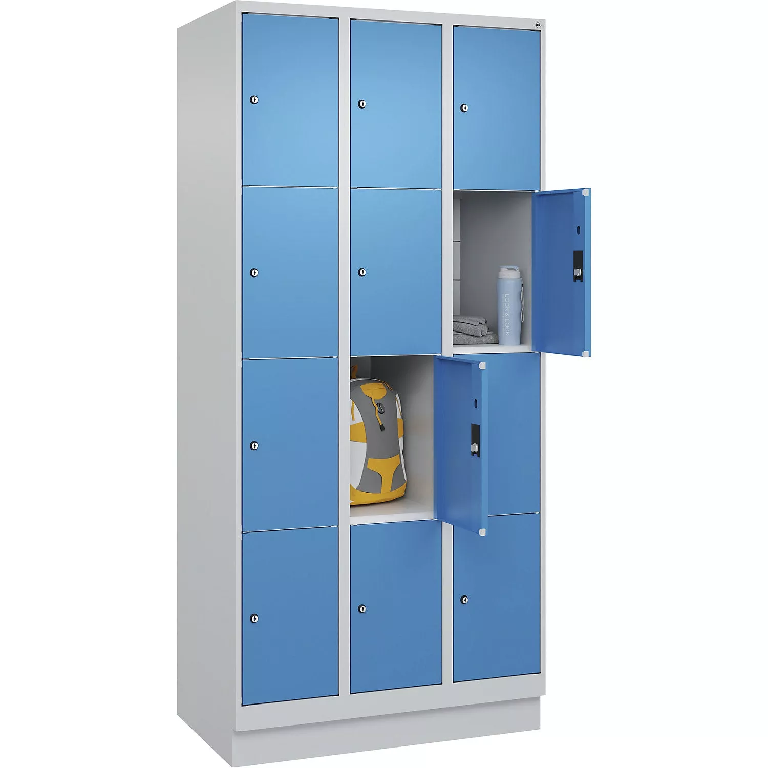 classic-plus-4-fold-compartment-locker-3-compartments-light-grey-light-blue-w-90 Classic PLUS 4-fold compartment locker, 3 compartments, light grey/light blue, W 900 mm, 12 compartments, with floor glides.
