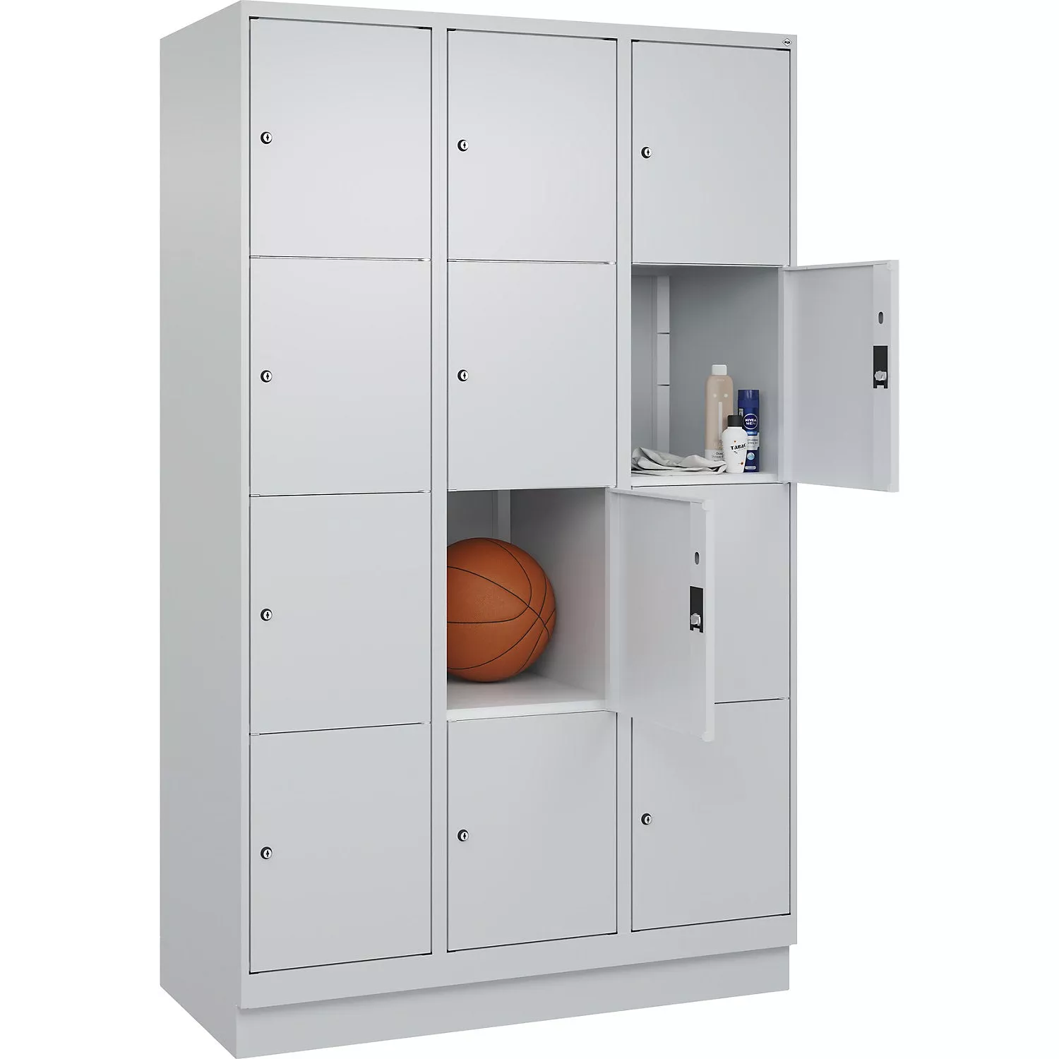 classic-plus-4-fold-compartment-locker-3-compartments-light-grey-w-1200-mm-12-co Classic PLUS 4-fold compartment locker, 3 compartments, light grey, W 1200 mm, 12 compartments, with floor glides.