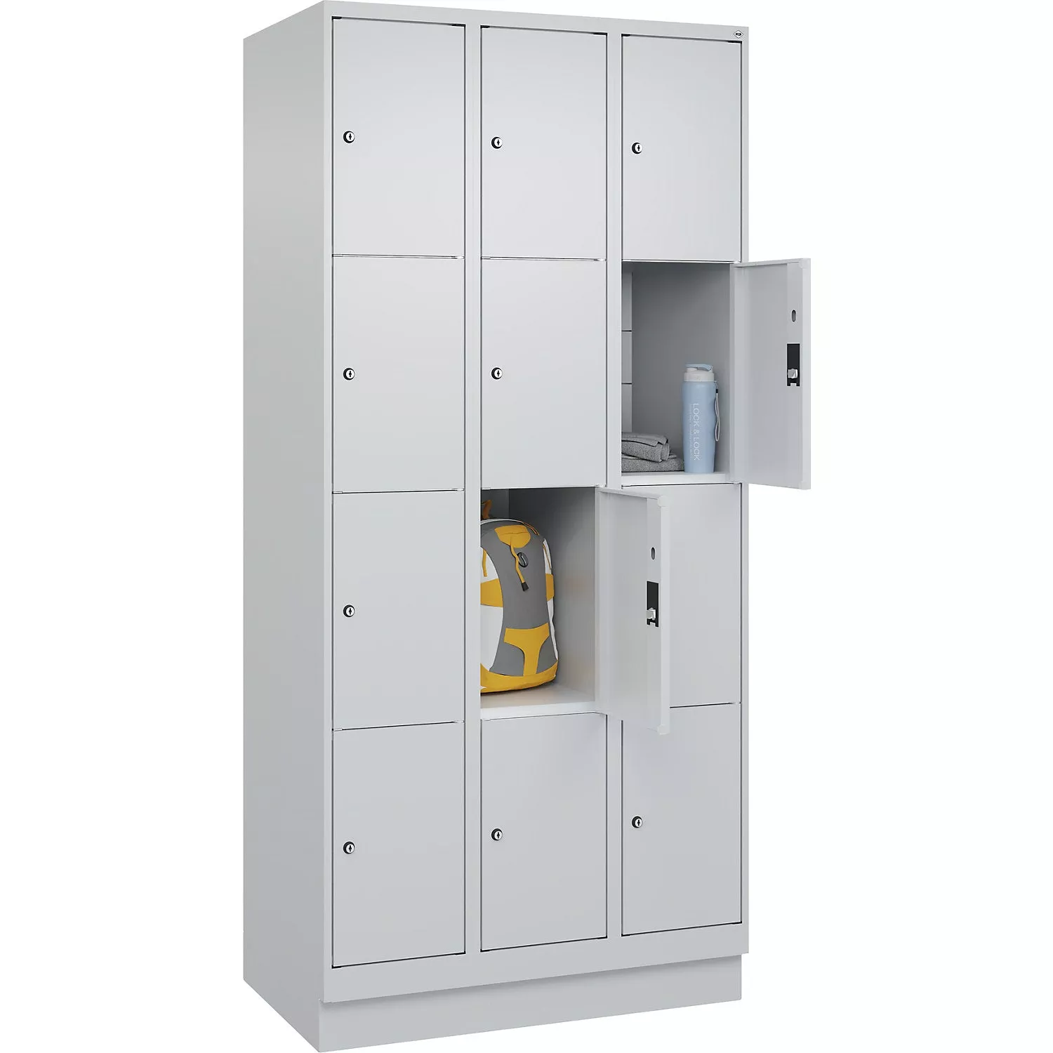 Classic PLUS 4-fold compartment locker, 3 compartments, light grey, W 900 mm, 12 compartments, with floor glides.