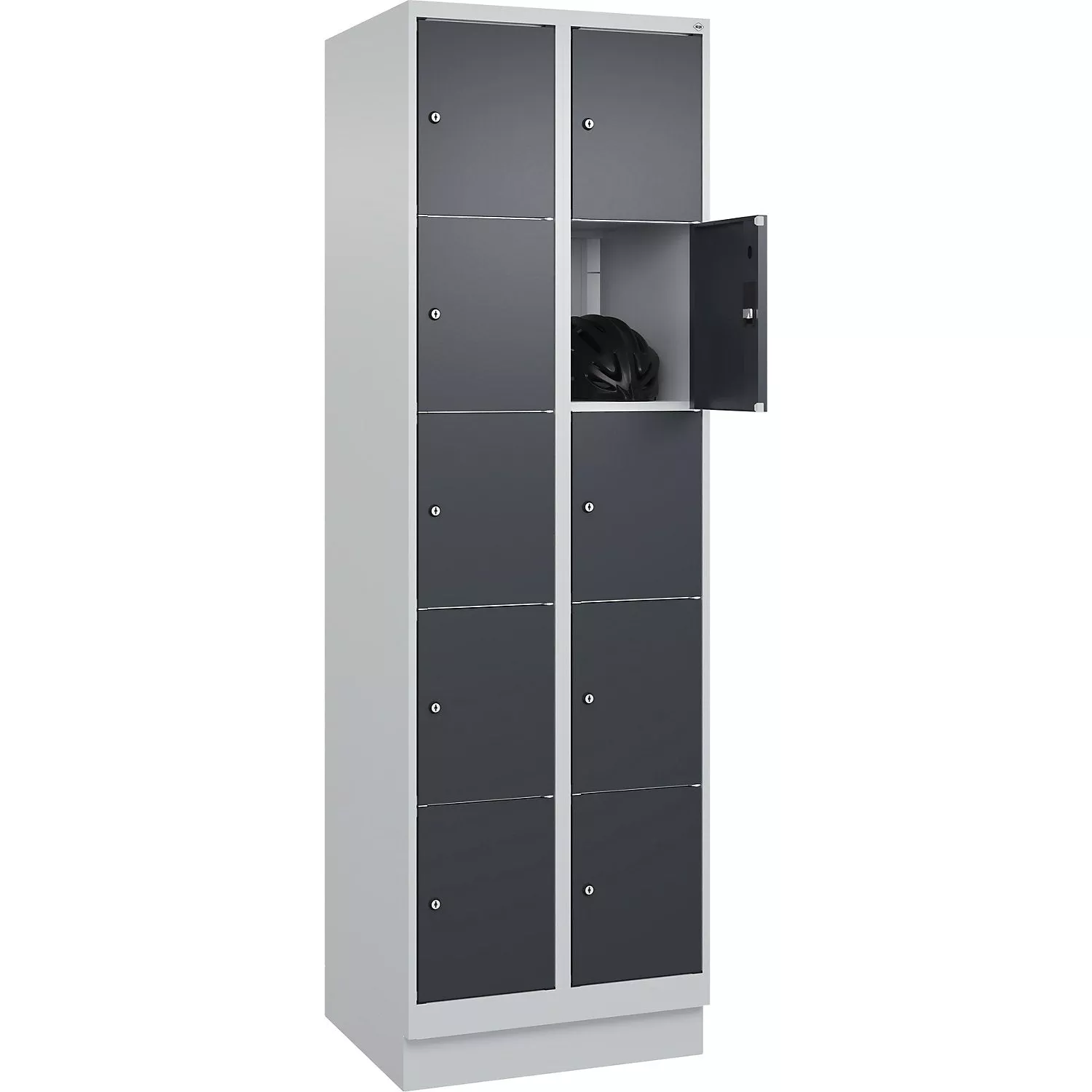 classic-plus-5-fold-compartment-locker-2-compartments-light-grey-grey-w-600-mm-1 Classic PLUS 5-fold compartment locker, 2 compartments, light grey/grey, W 600 mm, 10 compartments, with floor glides.