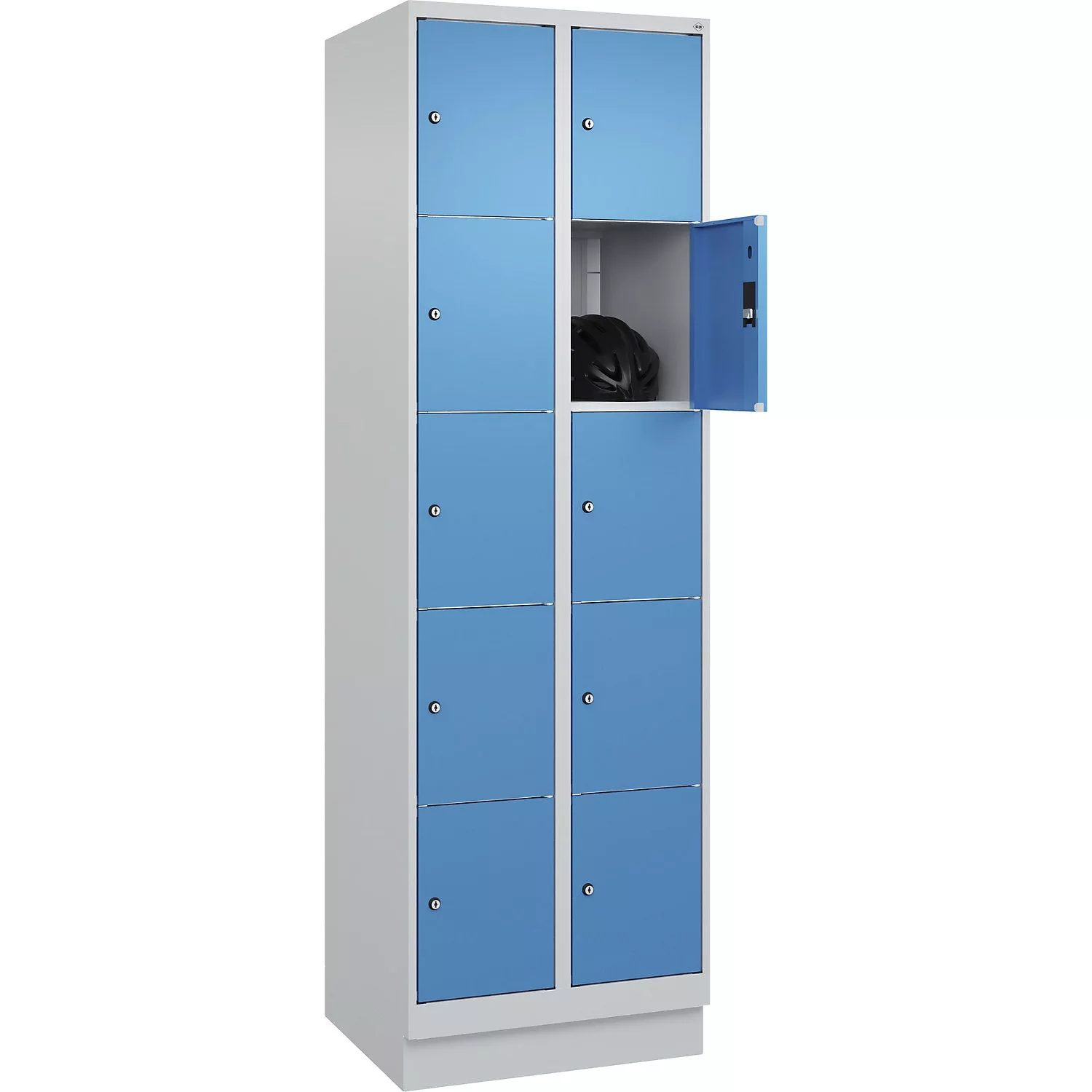 classic-plus-5-fold-compartment-locker-2-compartments-light-grey-light-blue-w-60 Classic PLUS 5-fold compartment locker, 2 compartments, light grey/light blue, W 600 mm, 10 compartments, with floor glides.