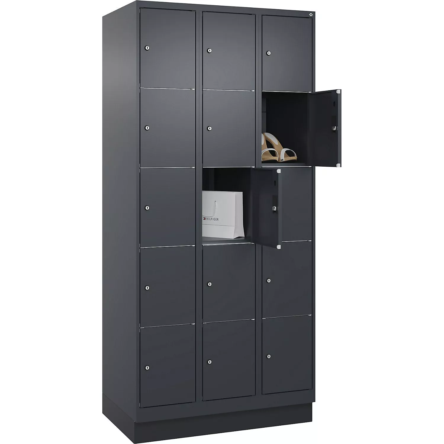 classic-plus-5-fold-compartment-locker-3-compartments-grey-w-900-mm-15-compartme Classic PLUS 5-fold compartment locker, 3 compartments, grey, W 900 mm, 15 compartments, with floor glides.