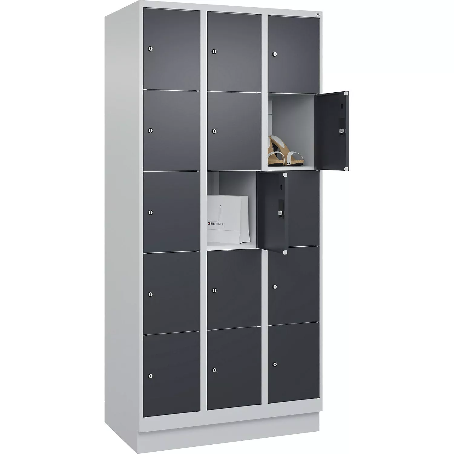 classic-plus-5-fold-compartment-locker-3-compartments-light-grey-grey-w-900-mm-1 Classic PLUS 5-fold compartment locker, 3 compartments, light grey/grey, W 900 mm, 15 compartments, with floor glides.