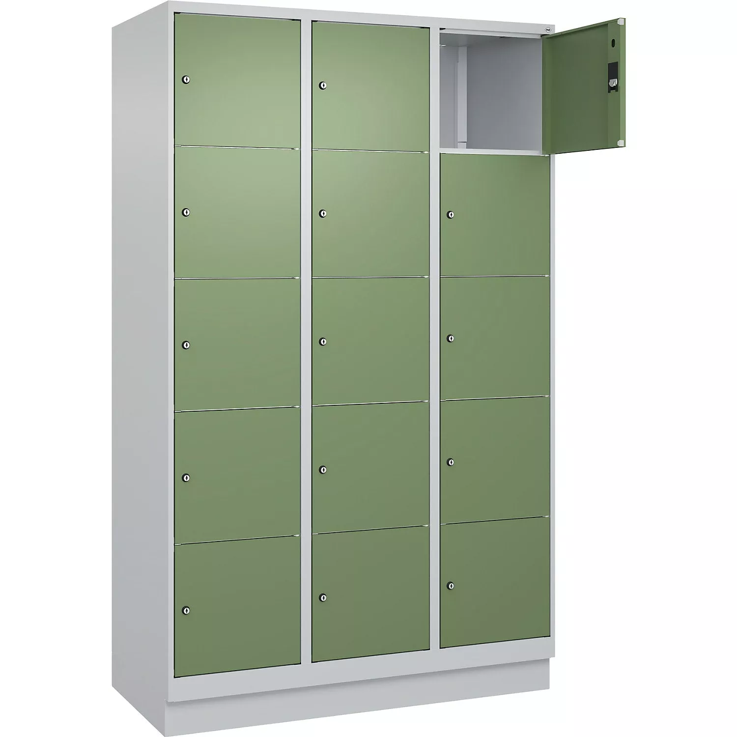 Classic PLUS 5-fold compartment locker, 3 compartments, light grey/reseda green, W 900 mm, 15 compartments, with floor glides.