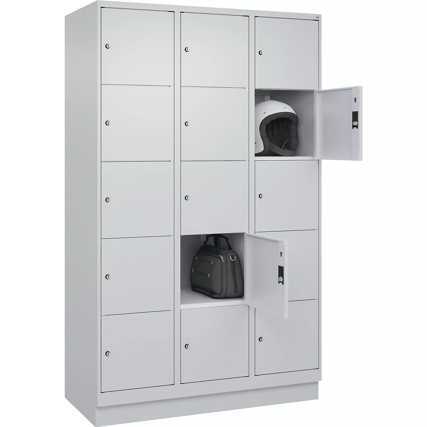 Classic PLUS 5-fold compartment locker, 3 compartments, light grey, W 1200 mm, 15 compartments, with floor glides.