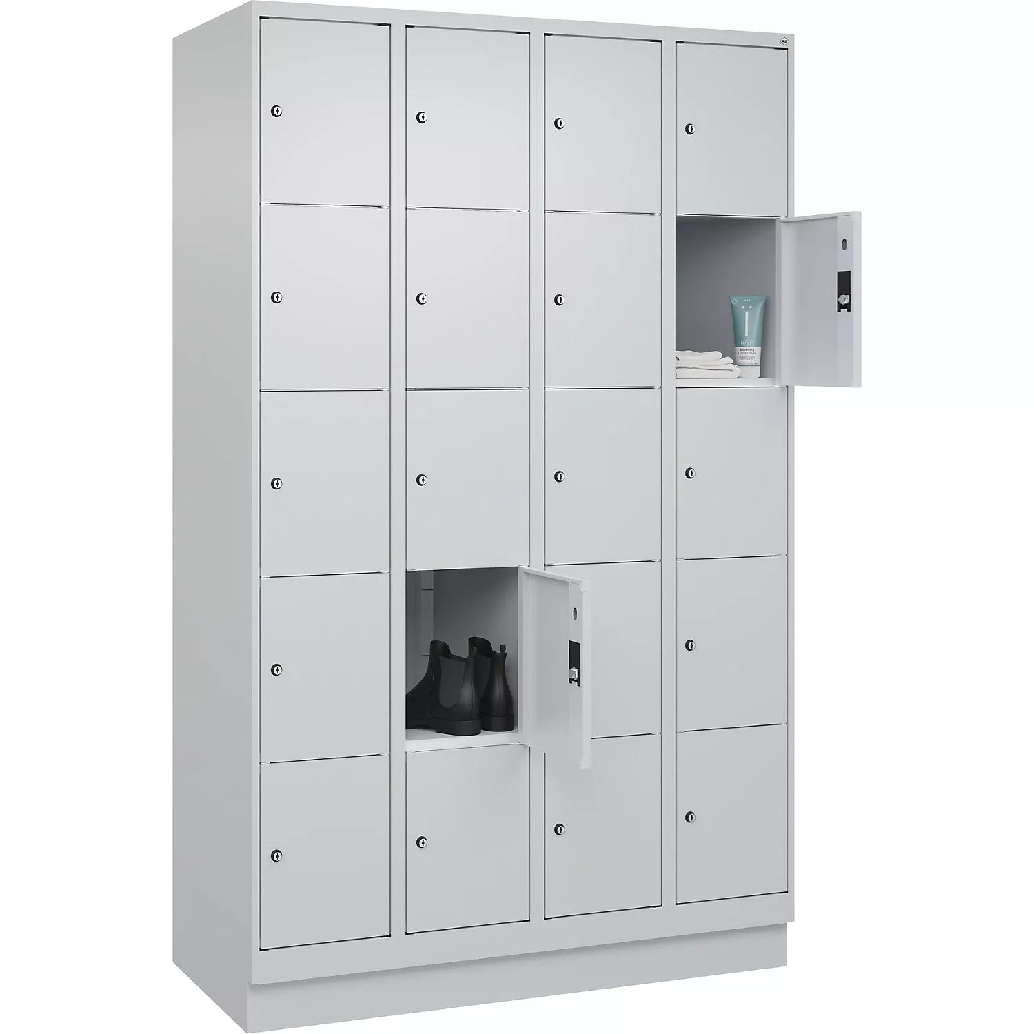 classic-plus-5-fold-compartment-locker-4-compartments-light-grey-w-1200-mm-20-co Classic PLUS 5-fold compartment locker, 4 compartments, light grey, W 1200 mm, 20 compartments, with floor glides.