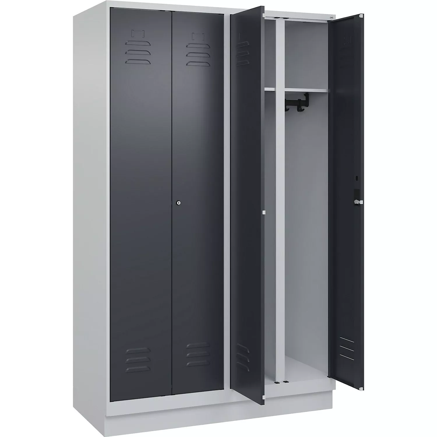 classic-plus-clean-dirty-clothes-locker-centre-divider-2-compartments-light-grey Classic PLUS clean and dirty clothes locker, centre divider, 2 compartments, light grey/gentian blue, HxW 1850 x 1200 mm, with floor glides, rotary bolt.