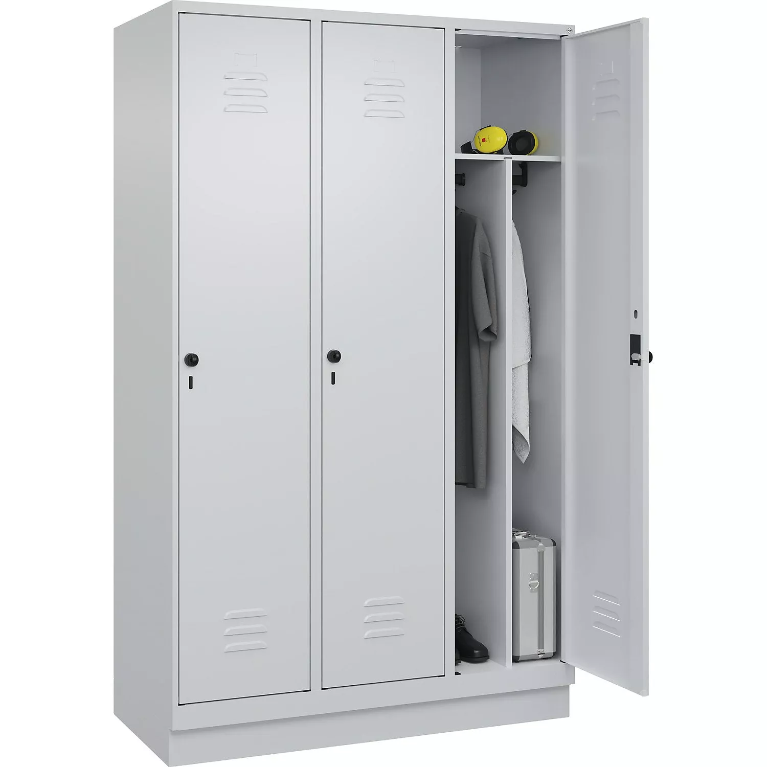 classic-plus-clean-dirty-clothes-locker-narrow-3-compartments-shortened-centre-d Classic PLUS clean and dirty clothes locker, narrow, 3 compartments, shortened centre divider, light grey/light blue, W 900 mm, with floor glides, rotary bolt, centre partition.