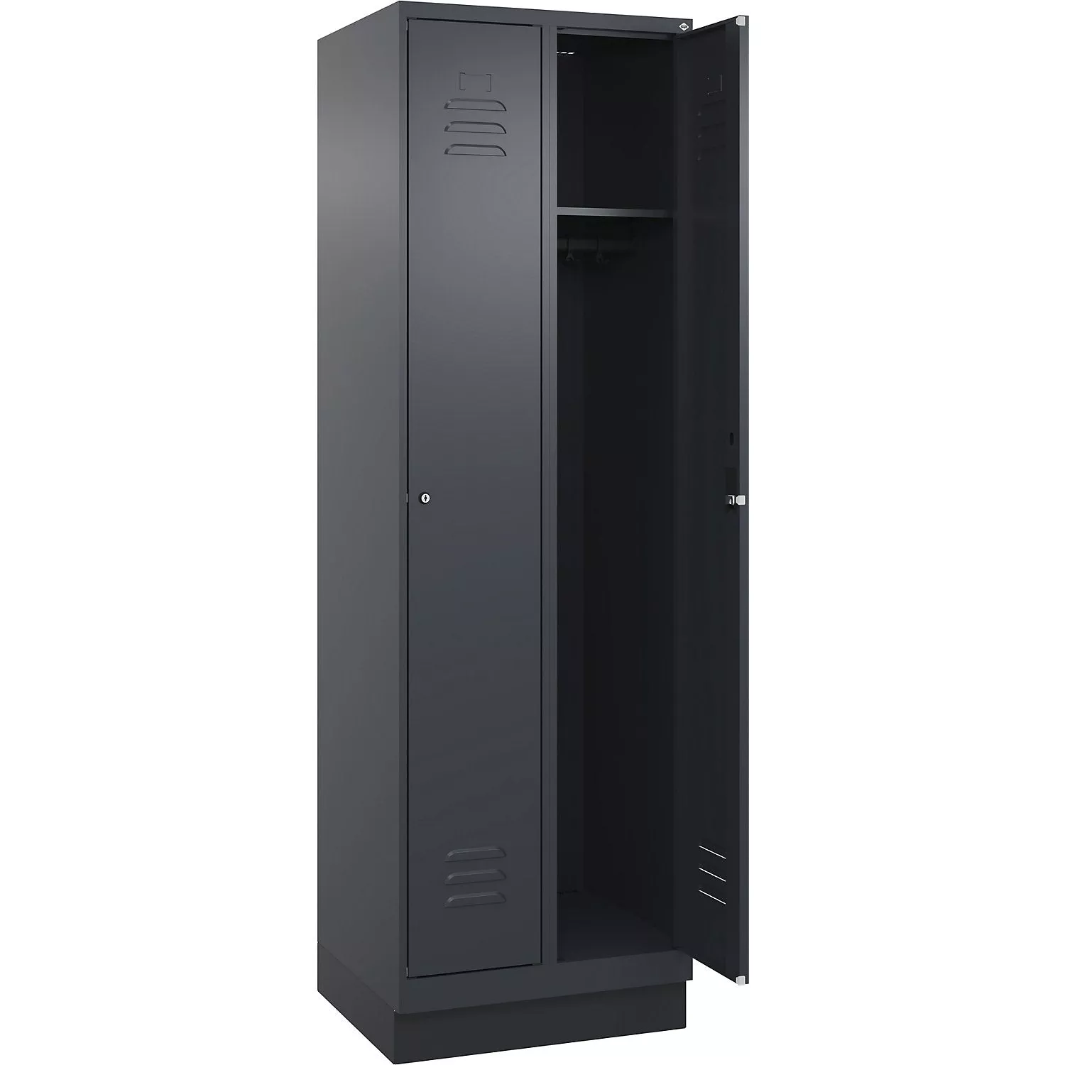 Classic PLUS clothes locker, 2 compartments, grey, W 600 mm, with base plinth, cylinder lock.