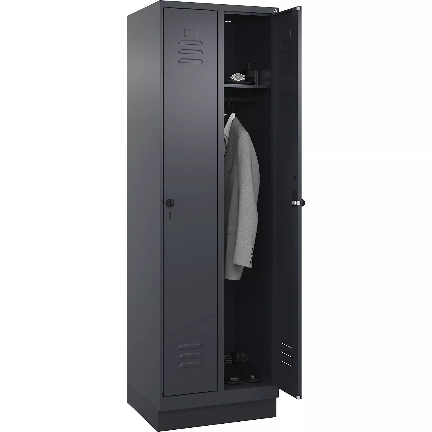 classic-plus-clothes-locker-2-compartments-grey-w-600-mm-with-base-plinth-rotary Classic PLUS clothes locker, 2 compartments, grey, W 600 mm, with base plinth, rotary bolt.