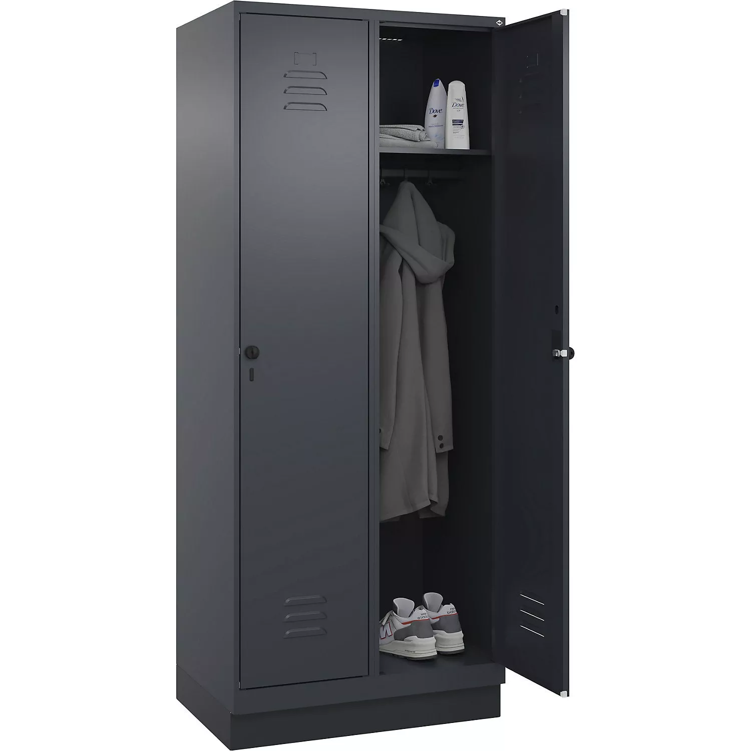 classic-plus-clothes-locker-2-compartments-grey-w-800-mm-with-base-plinth-rotary Classic PLUS clothes locker, 2 compartments, grey, W 800 mm, with base plinth, rotary bolt.