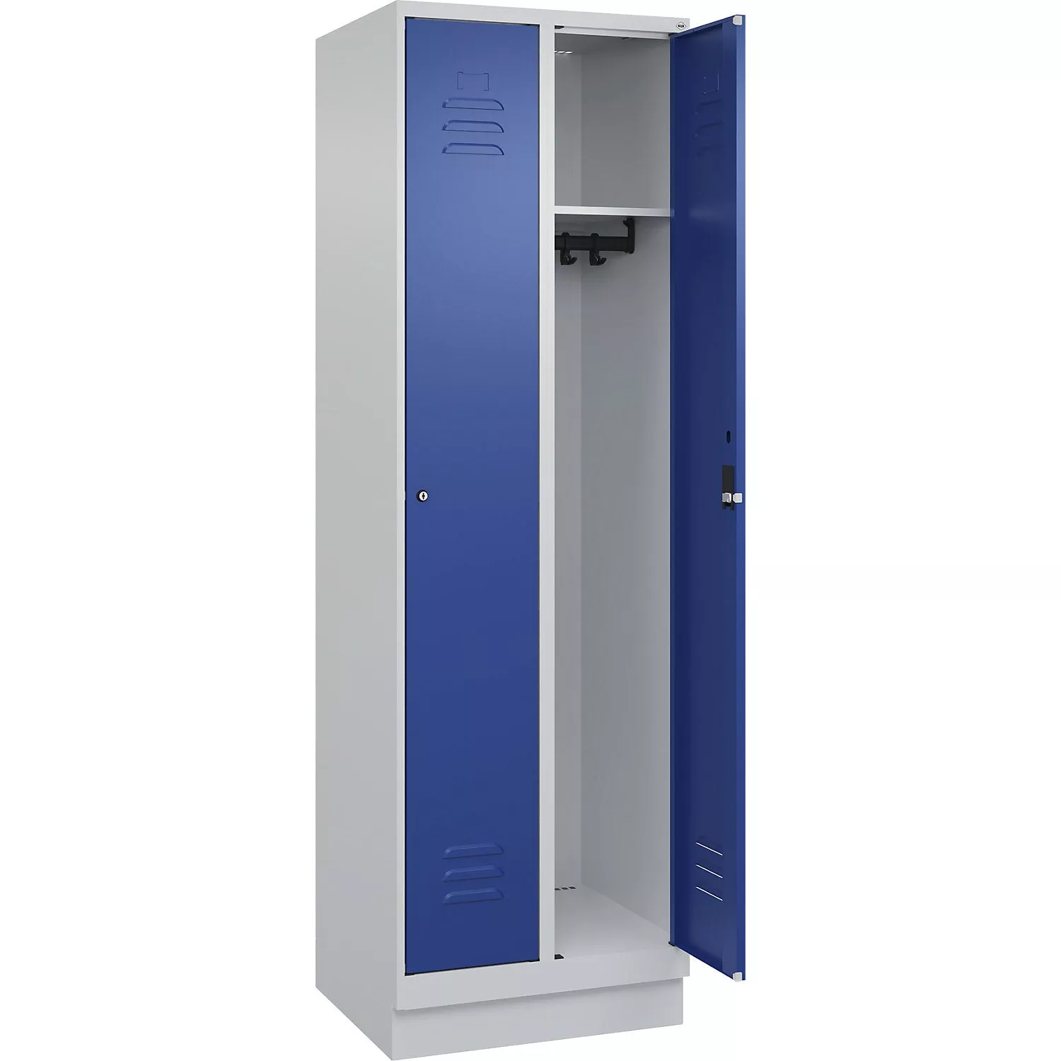 classic-plus-clothes-locker-2-compartments-light-grey-gentian-blue-w-600-mm-with Classic PLUS clothes locker, 2 compartments, light grey/gentian blue, W 600 mm, with floor glides, rotary bolt.