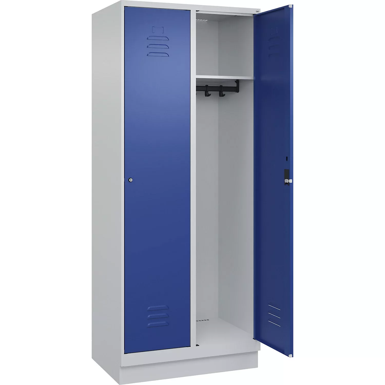 classic-plus-clothes-locker-2-compartments-light-grey-gentian-blue-w-800-mm-with Classic PLUS clothes locker, 2 compartments, light grey/gentian blue, W 800 mm, with floor glides, rotary bolt.