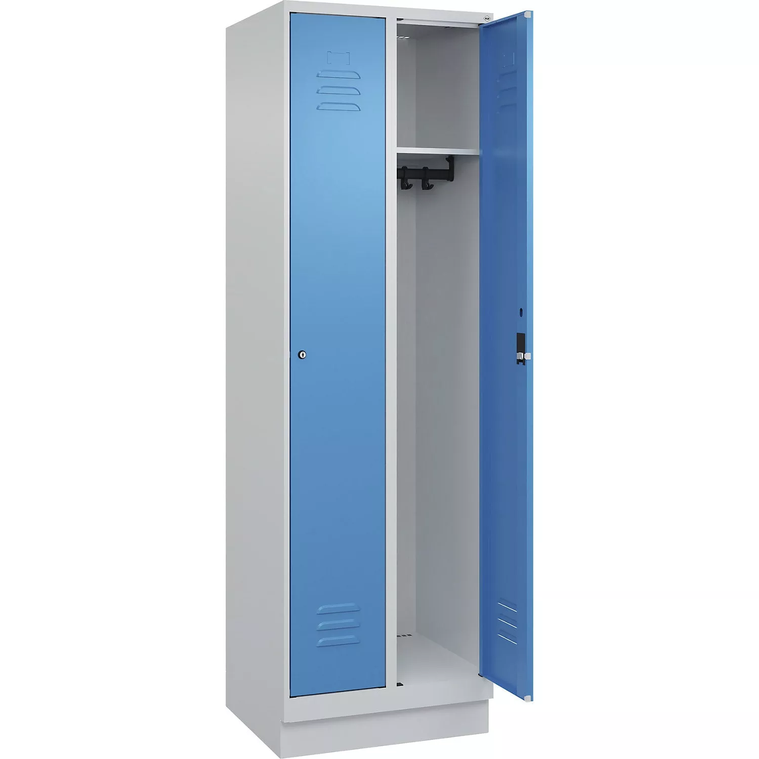 Classic PLUS clothes locker, 2 compartments, light grey/light blue, W 600 mm, with base plinth, rotary bolt.