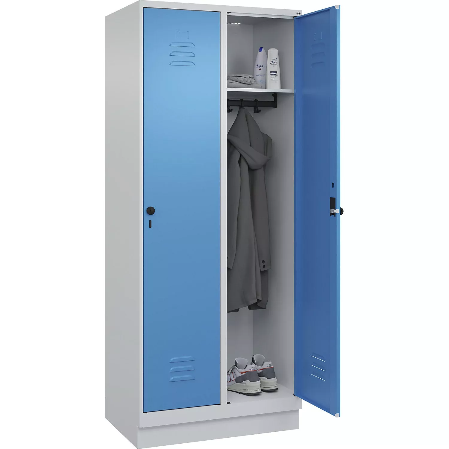 classic-plus-clothes-locker-2-compartments-light-grey-light-blue-w-800-mm-with-b Classic PLUS clothes locker, 2 compartments, light grey/light blue, W 800 mm, with base plinth, cylinder lock.
