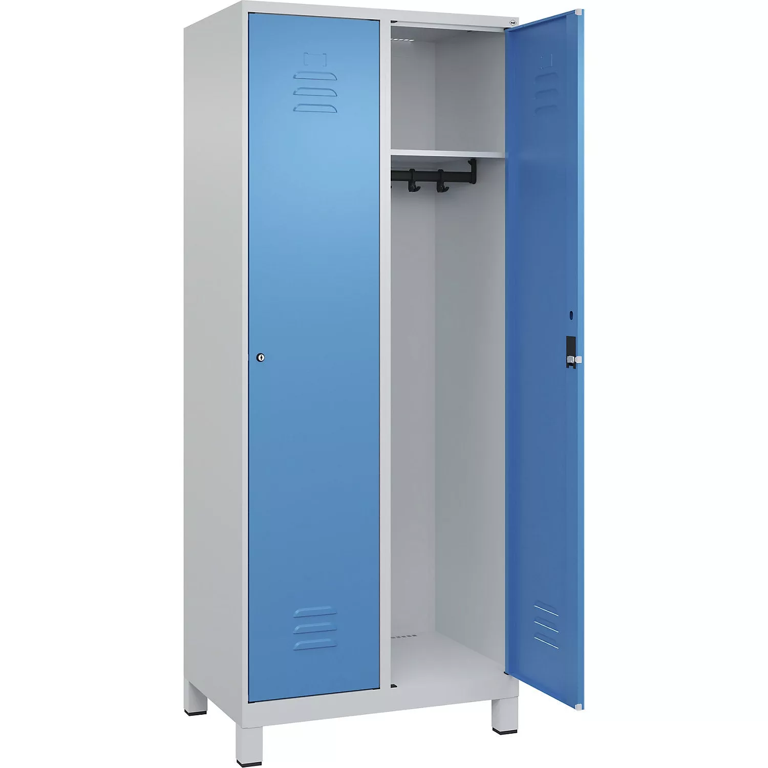 Classic PLUS clothes locker, 2 compartments, light grey/light blue, W 800 mm, with floor glides, rotary bolt.