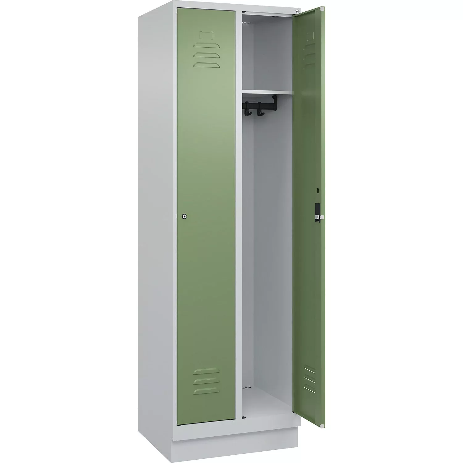 Classic PLUS clothes locker, 2 compartments, light grey/reseda green, W 600 mm, with floor glides, rotary bolt.