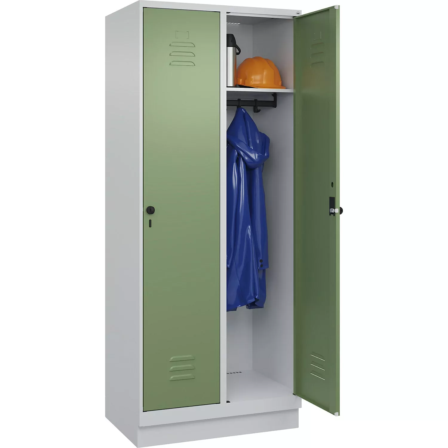 classic-plus-clothes-locker-2-compartments-light-grey-reseda-green-w-800-mm-with Classic PLUS clothes locker, 2 compartments, light grey/reseda green, W 800 mm, with floor glides, rotary bolt.