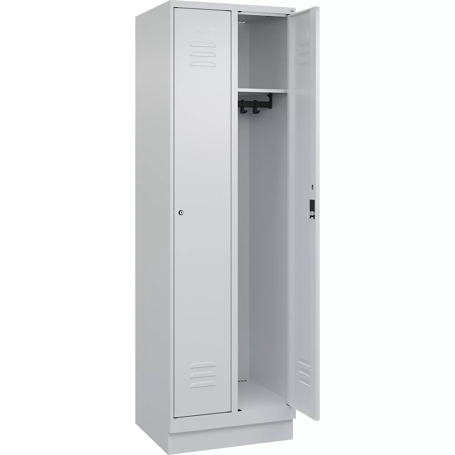 classic-plus-clothes-locker-2-compartments-light-grey-w-600-mm-with-base-plinth- Classic PLUS clothes locker, 2 compartments, light grey, W 600 mm, with base plinth, rotary bolt.