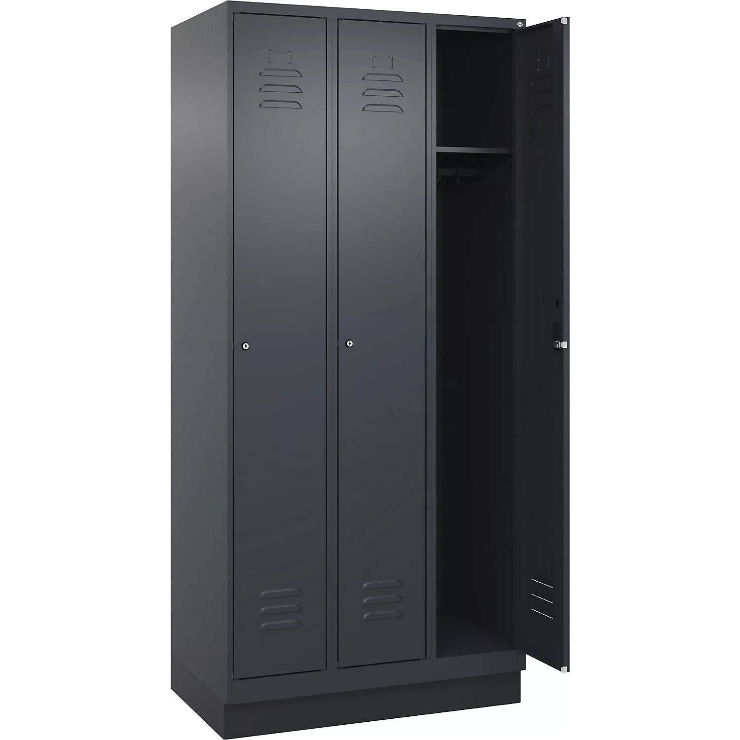 Classic PLUS clothes locker, 3 compartments, grey, W 900 mm, with base plinth, cylinder lock.